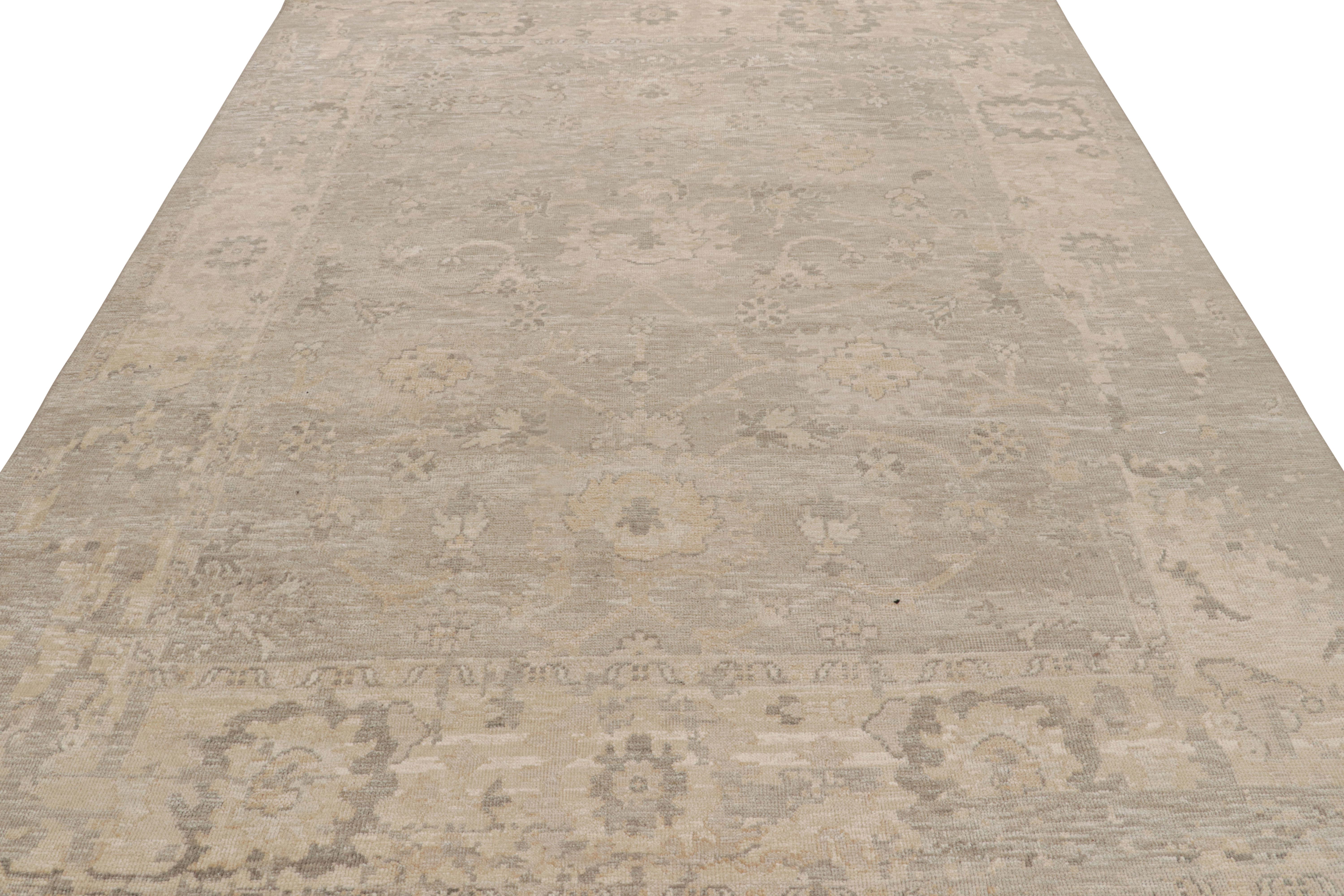 Indian Rug & Kilim’s Oushak Style Rug In Gray and Beige With All Over Floral Pattern For Sale