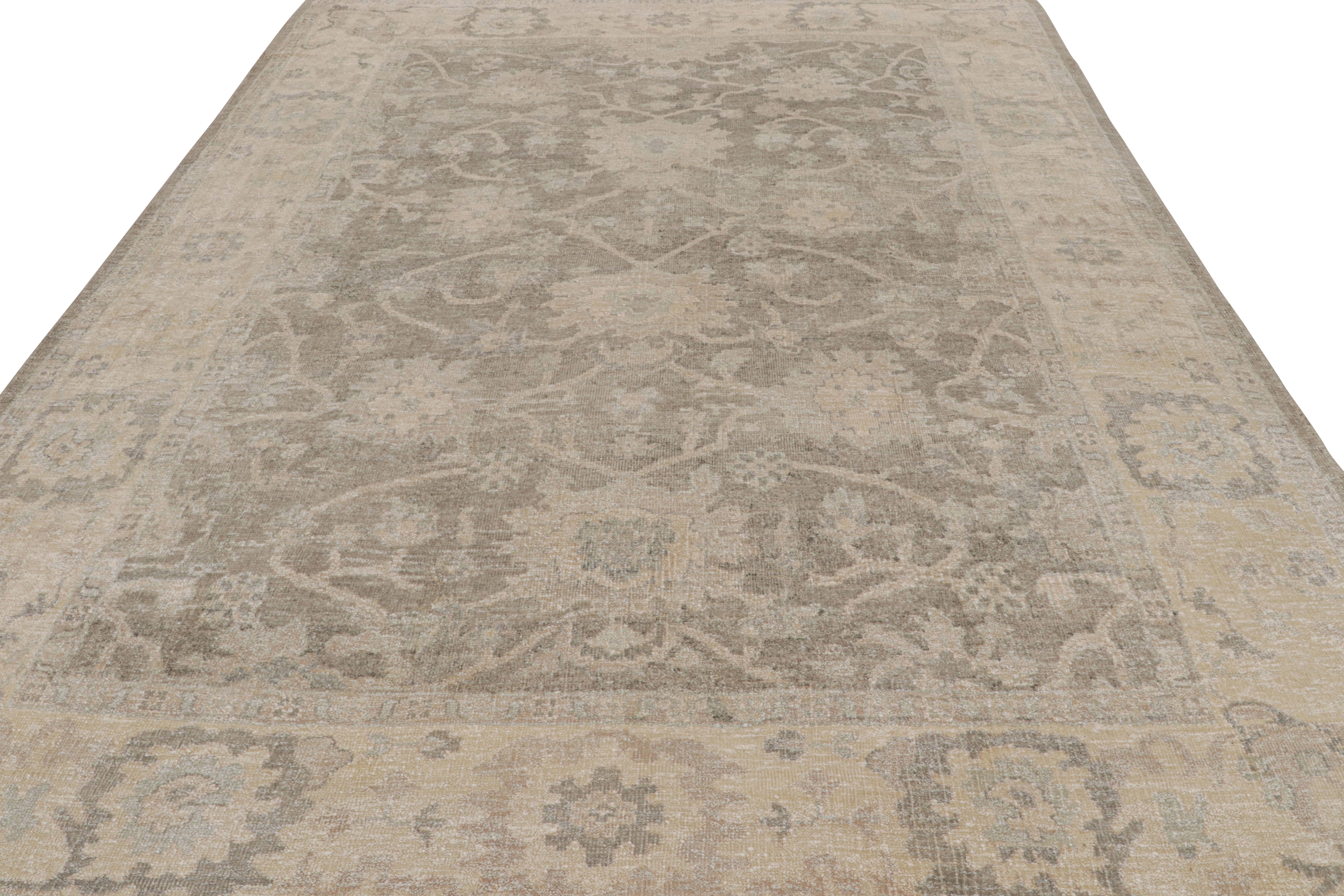 Modern Rug & Kilim’s Oushak Style Rug In Gray and Beige With All Over Floral Pattern For Sale