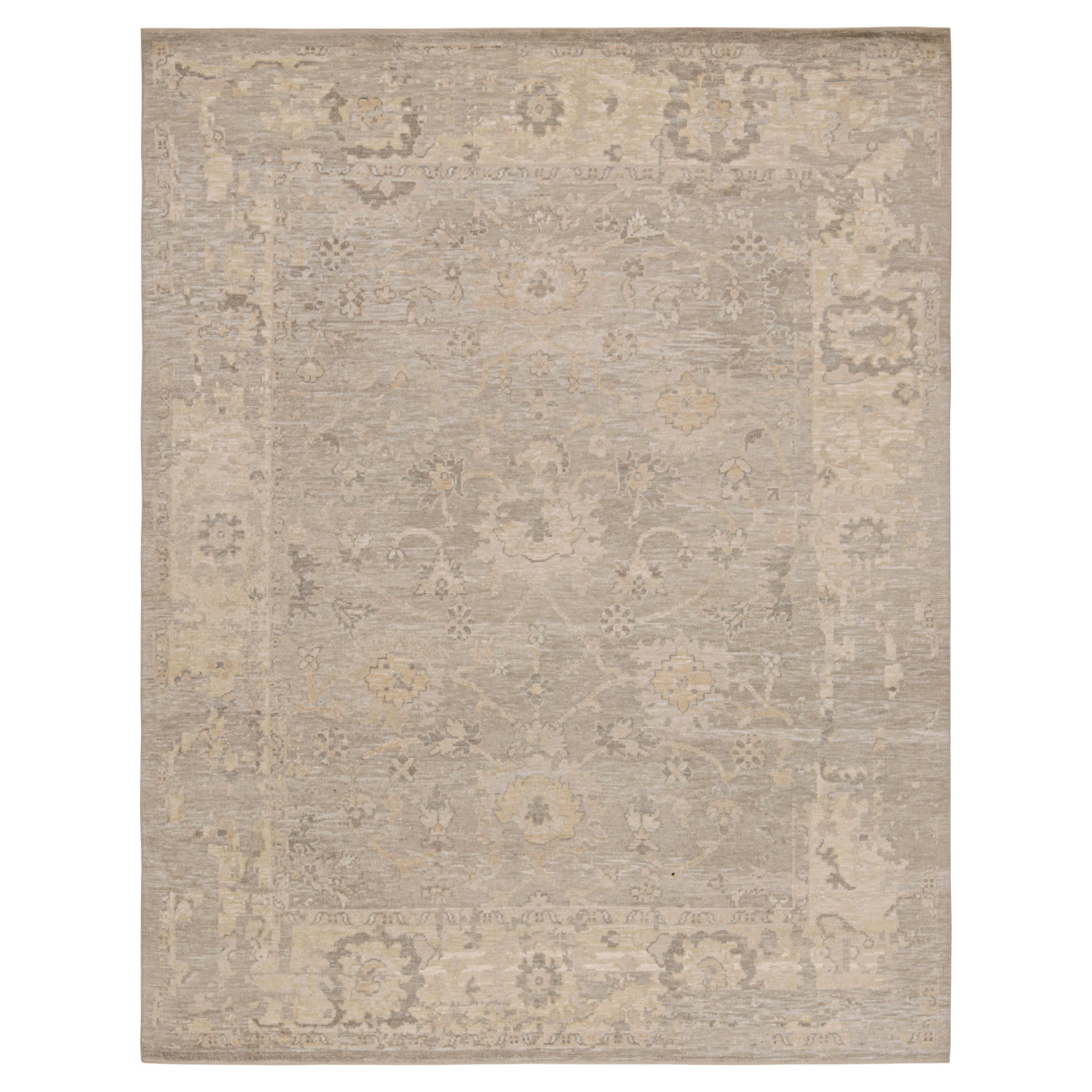 Rug & Kilim’s Oushak Style Rug In Gray and Beige With All Over Floral Pattern For Sale