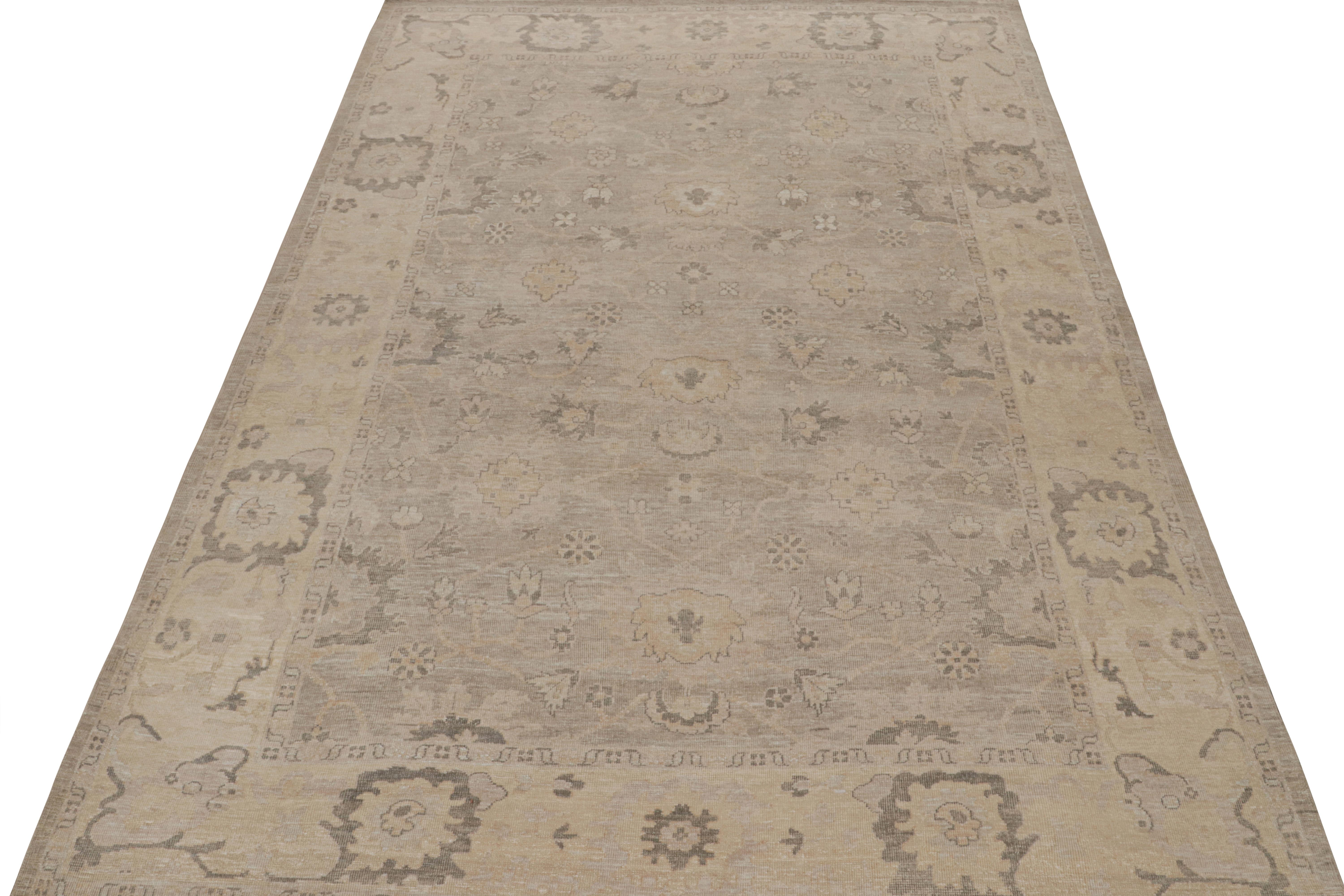 Indian Rug & Kilim’s Oushak Style Rug in Gray & Beige Floral Patterns For Sale