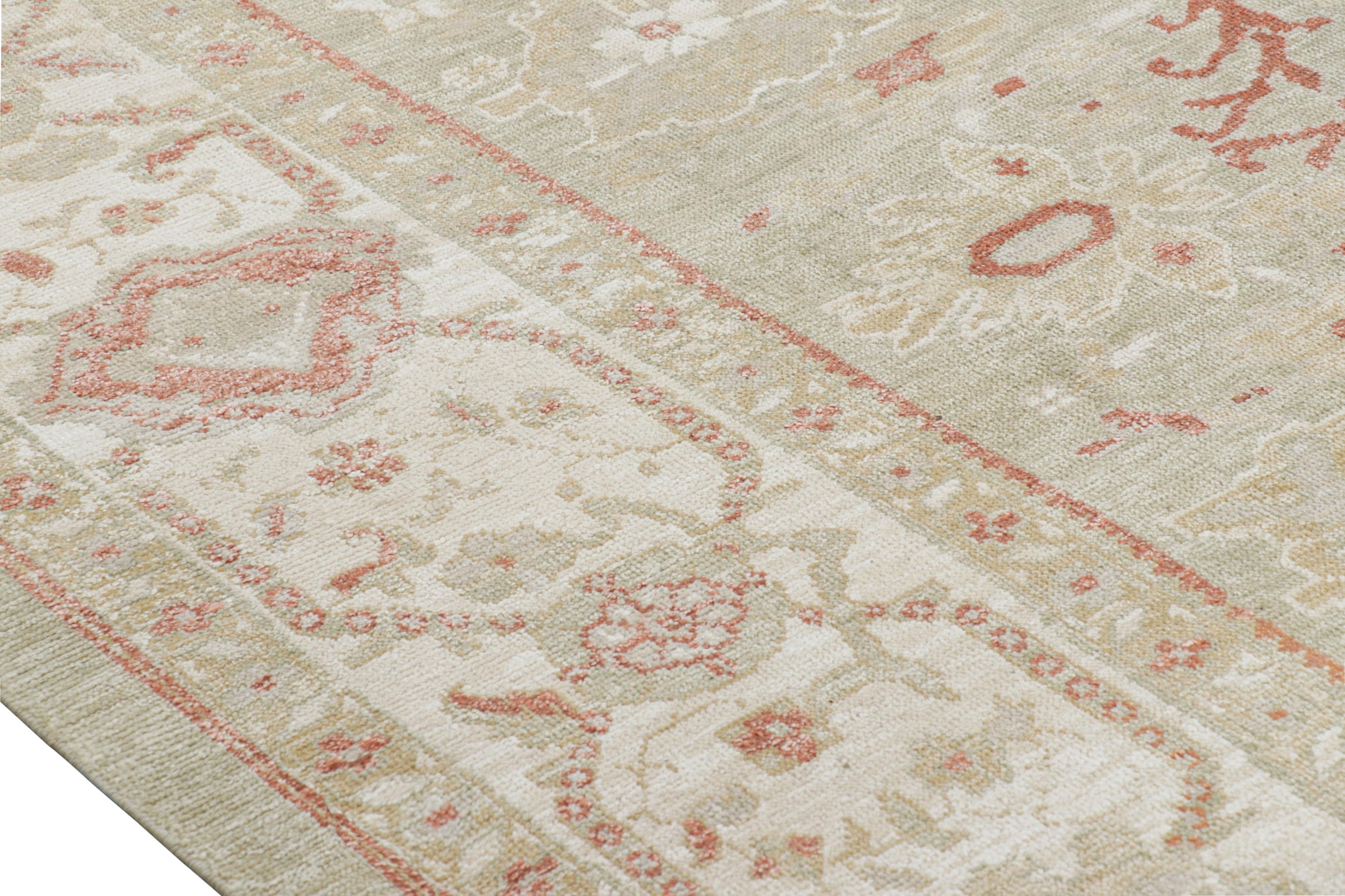 Indian Rug & Kilim’s Oushak Style Rug in Green and Cream with Floral Patterns For Sale