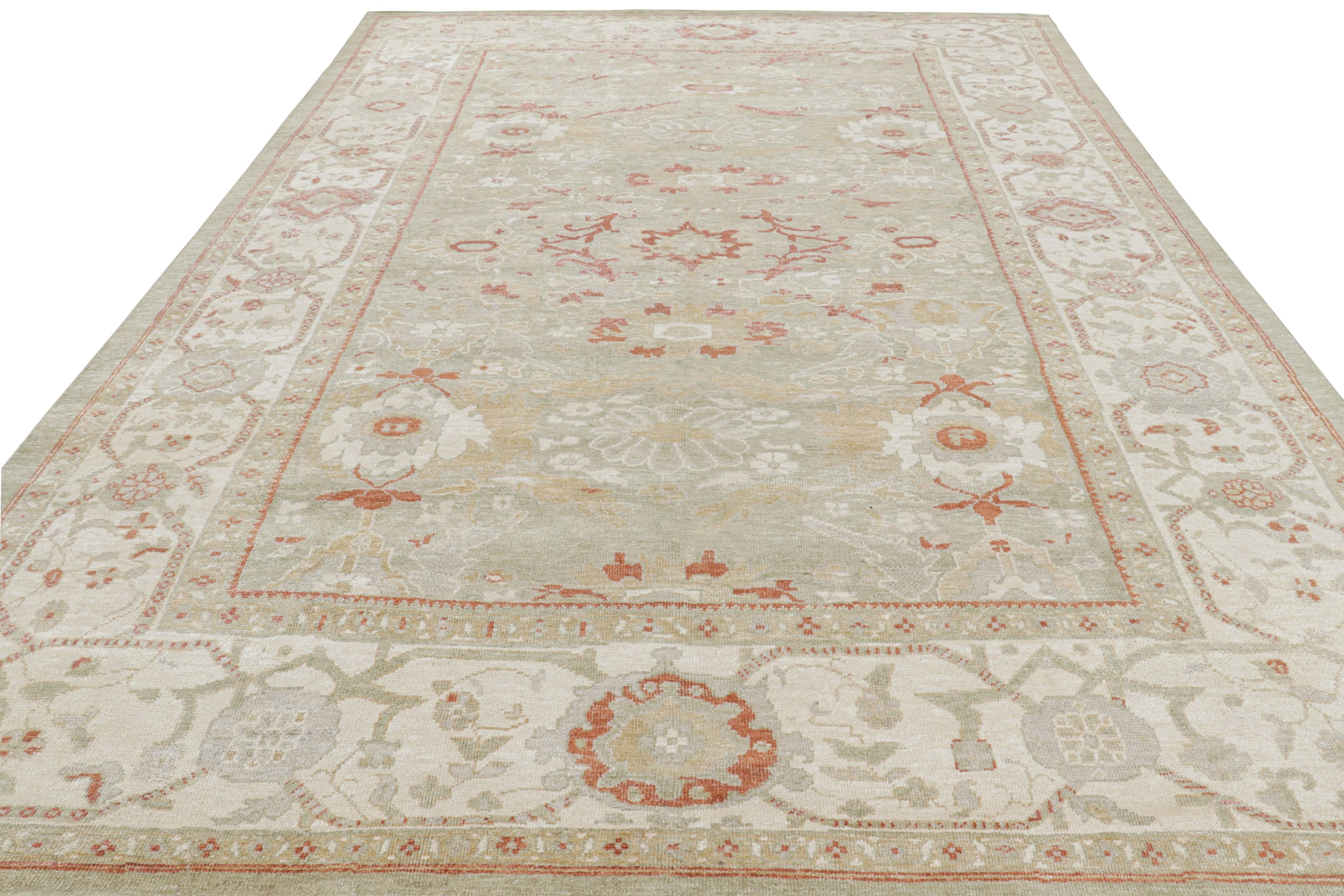 Hand-Knotted Rug & Kilim’s Oushak Style Rug in Green and Cream with Floral Patterns For Sale