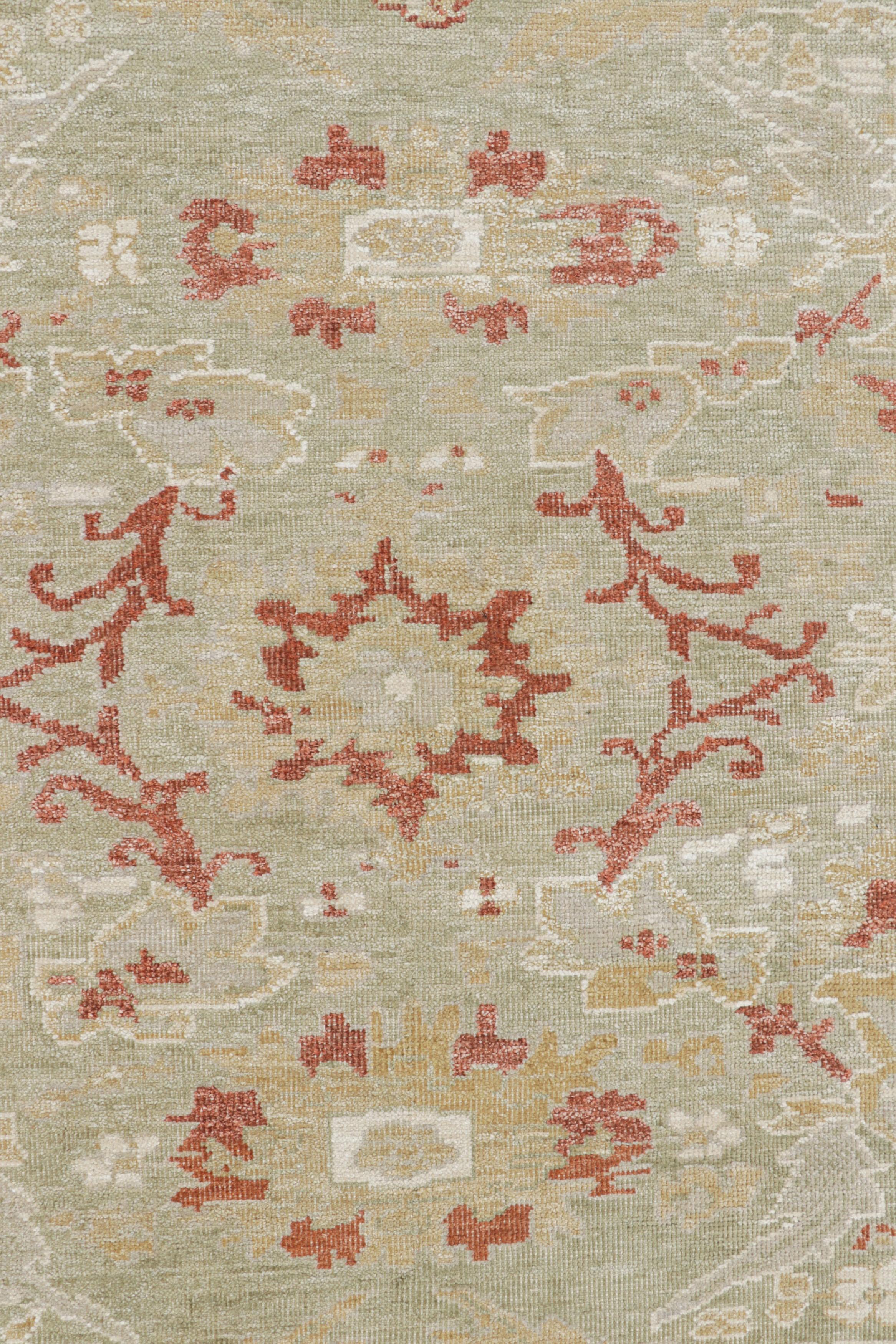 Contemporary Rug & Kilim’s Oushak Style Rug in Green and Cream with Floral Patterns For Sale