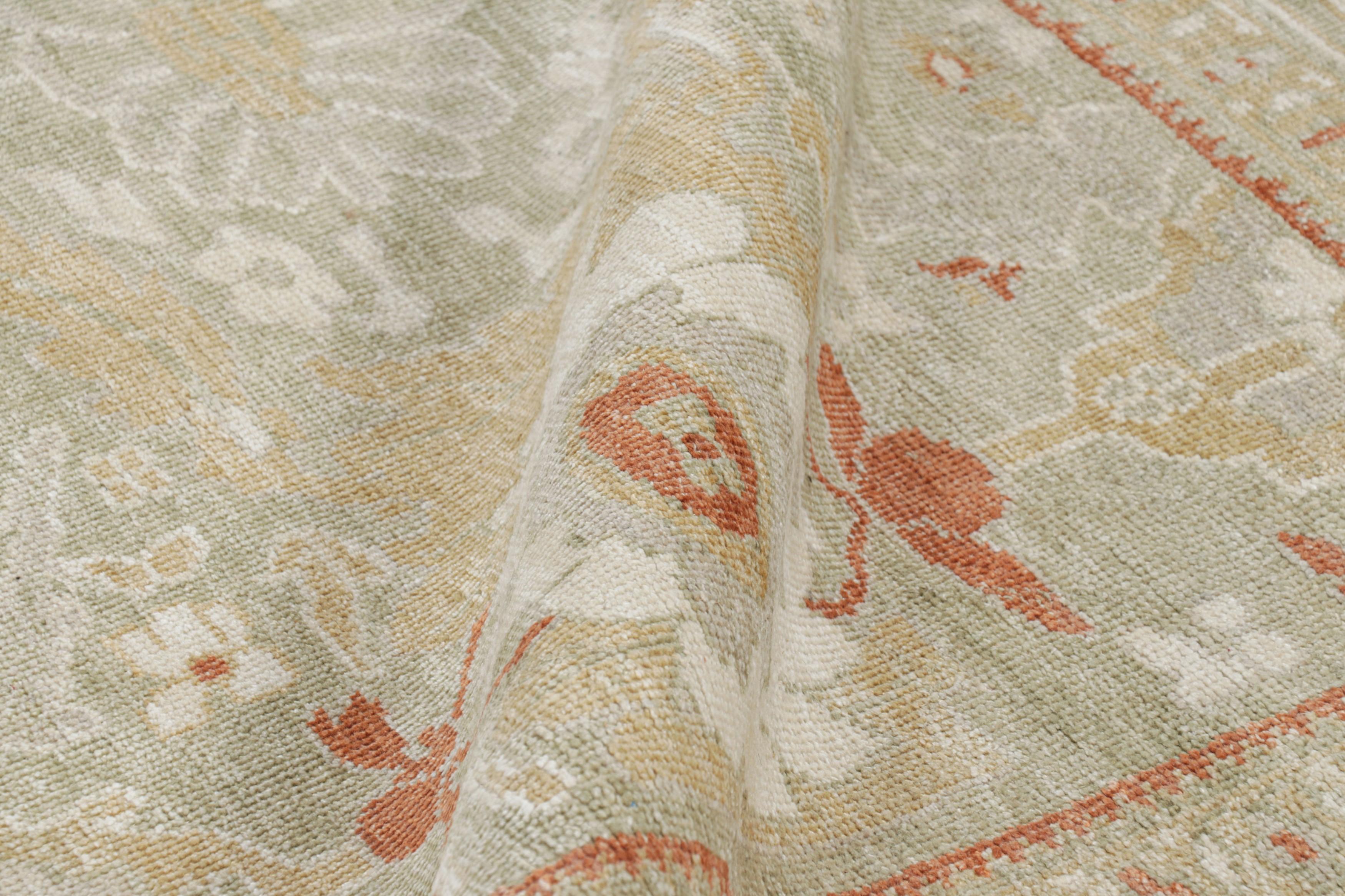 Wool Rug & Kilim’s Oushak Style Rug in Green and Cream with Floral Patterns For Sale