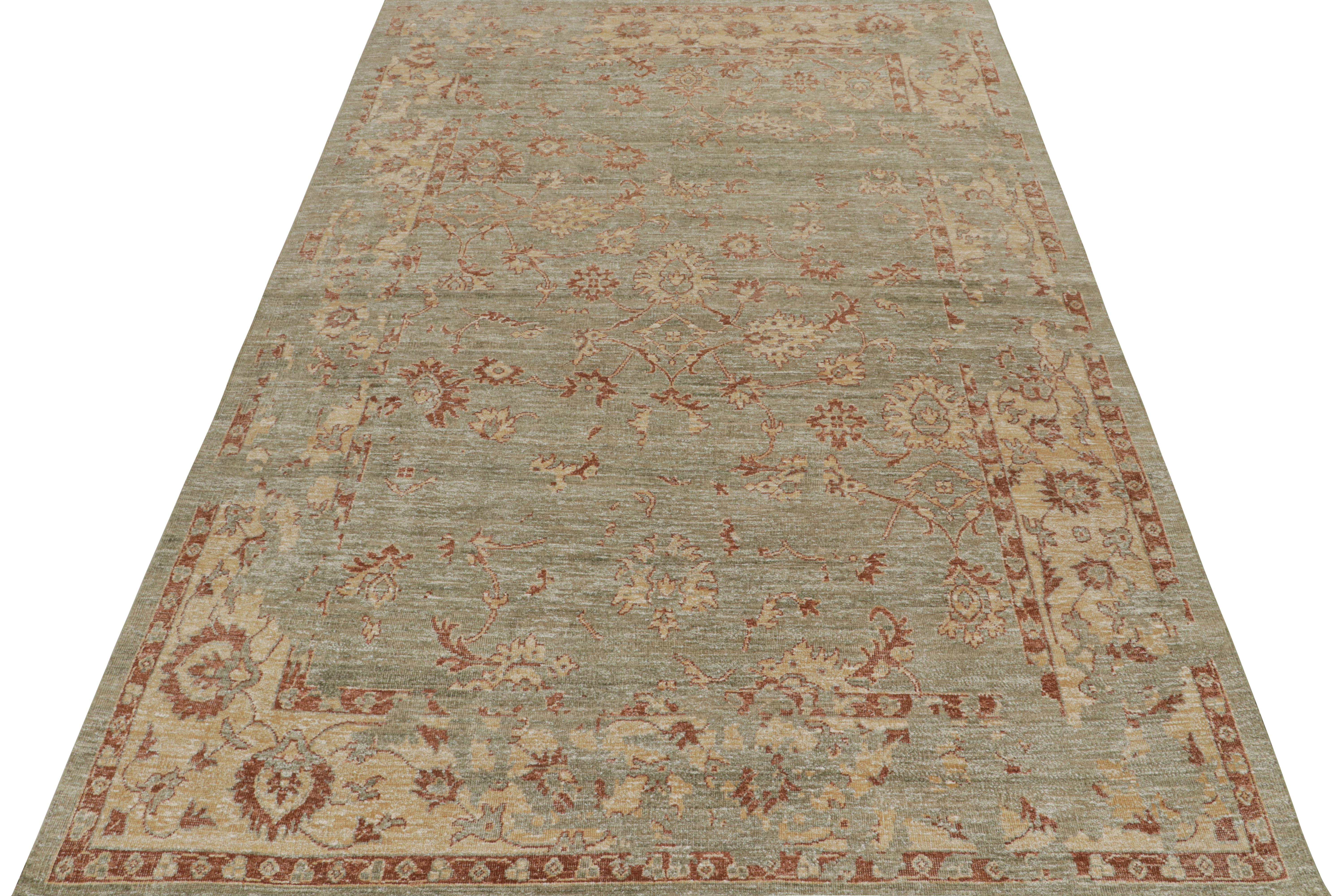 Indian Rug & Kilim’s Oushak Style Rug in Green with Gold and Rust Floral Patterns For Sale
