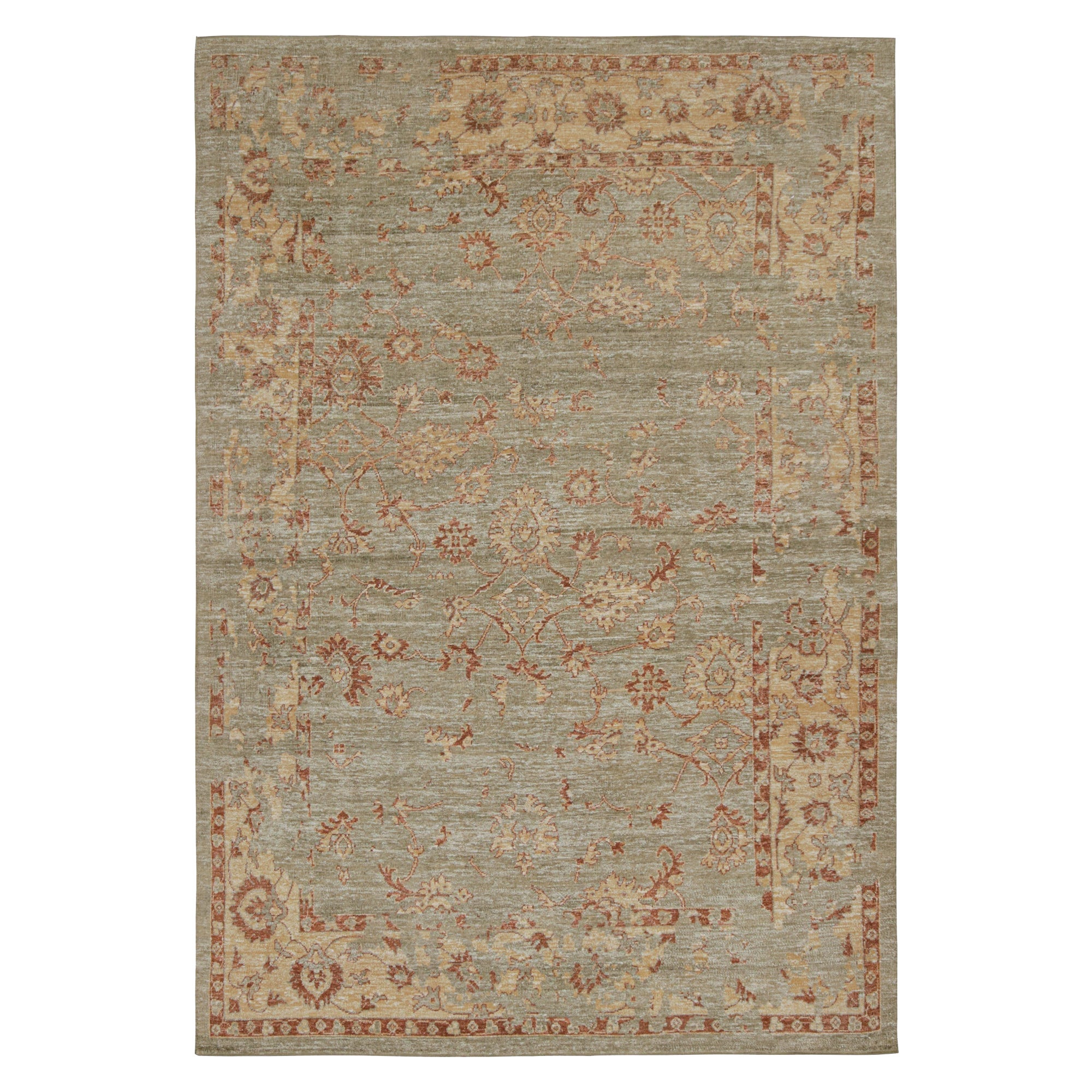 Rug & Kilim's Oushak Style Rug in Green with Gold and Rust Floral Patterns (tapis de style Oushak en vert avec des motifs floraux or et rouille)