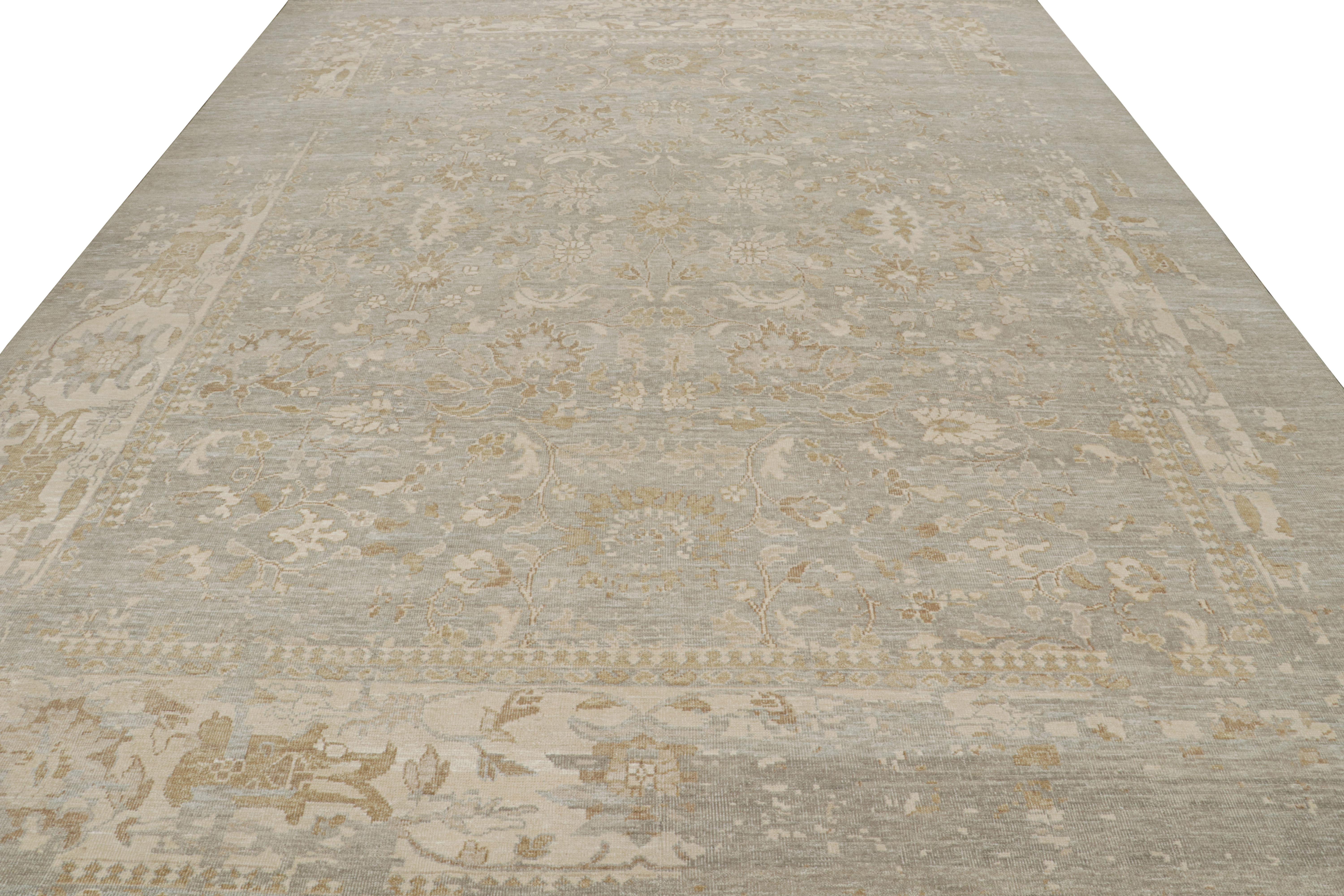 Indian Rug & Kilim’s Oushak style rug in Grey & Beige-Brown Floral Patterns For Sale