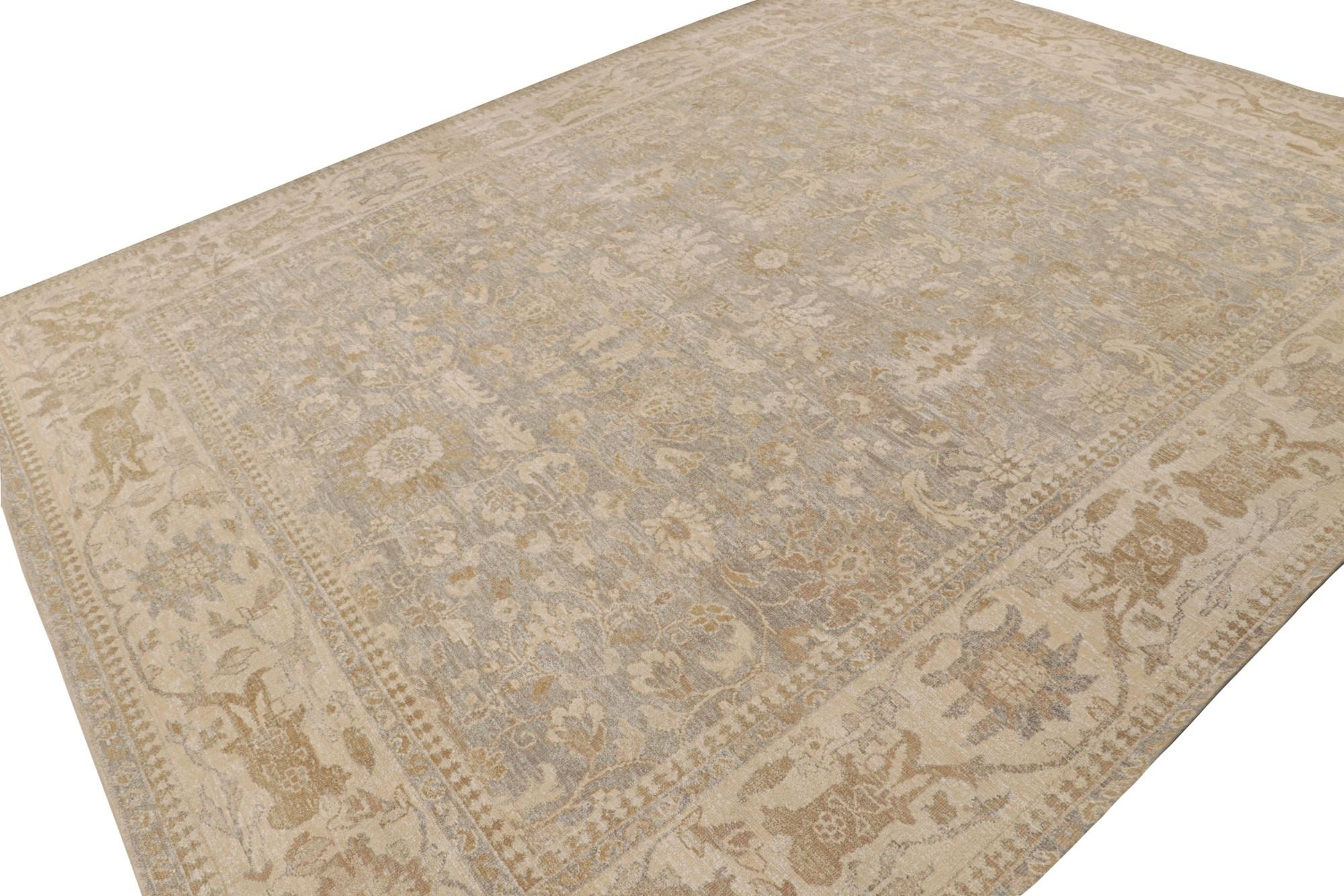 This 12x15 rug from the Modern Classics Collection by Rug & Kilim is from a new line inspired by antique Oushak rugs. Hand-knotted in wool & sari silk, its design enjoys beige, gold & gray floral patterns.  

On the Design: 

The rug is made with a