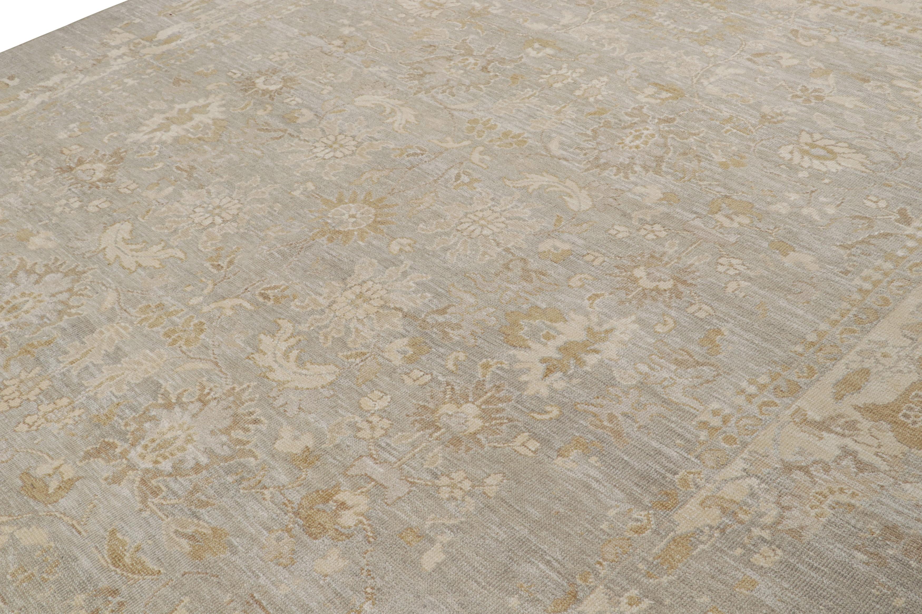 Hand-Knotted Rug & Kilim’s Oushak Style Rug in Grey, Beige & Gold Floral Pattern For Sale