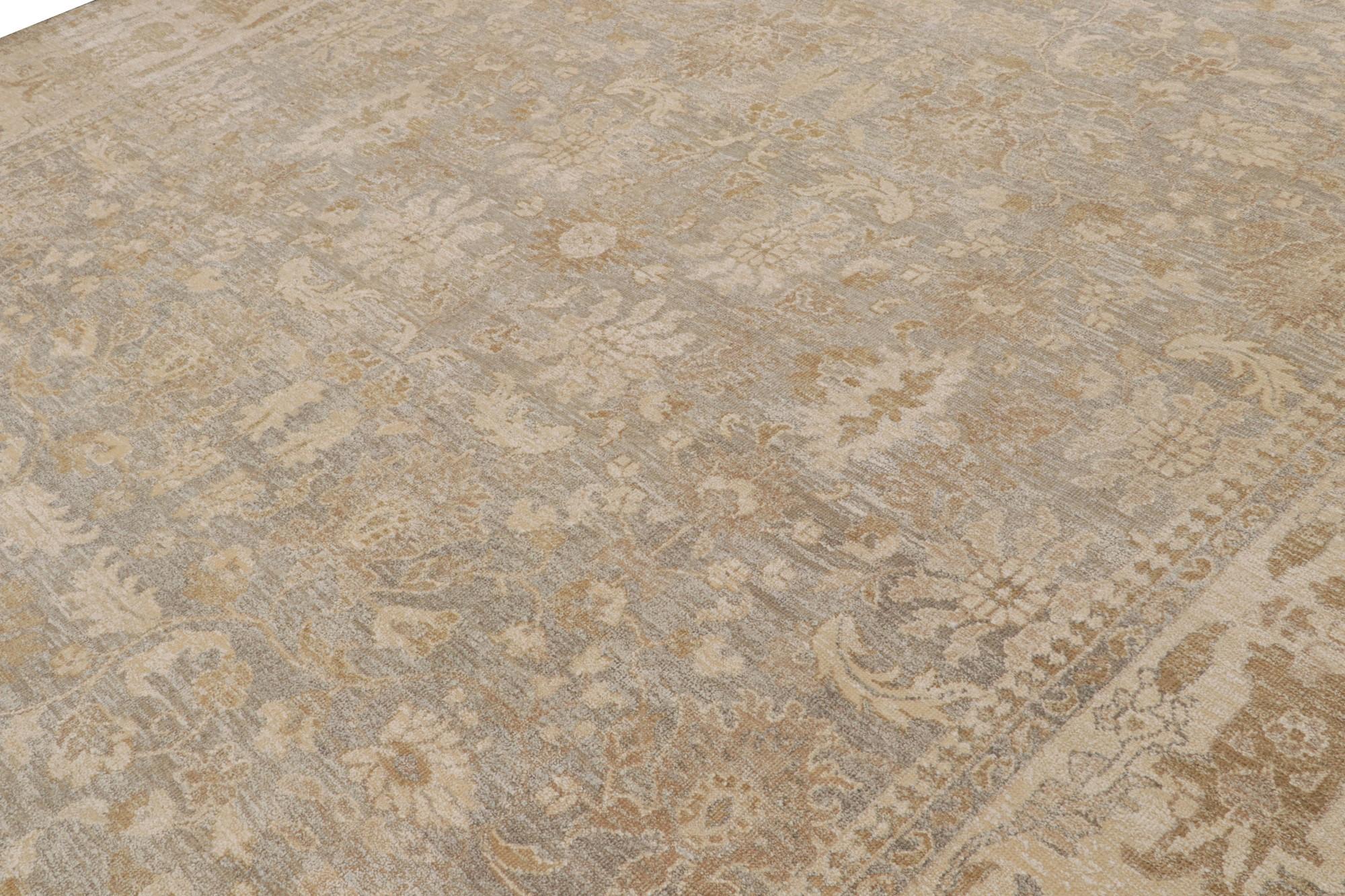 Hand-Knotted Rug & Kilim’s Oushak Style Rug in Grey, Beige & Gold Floral Pattern For Sale