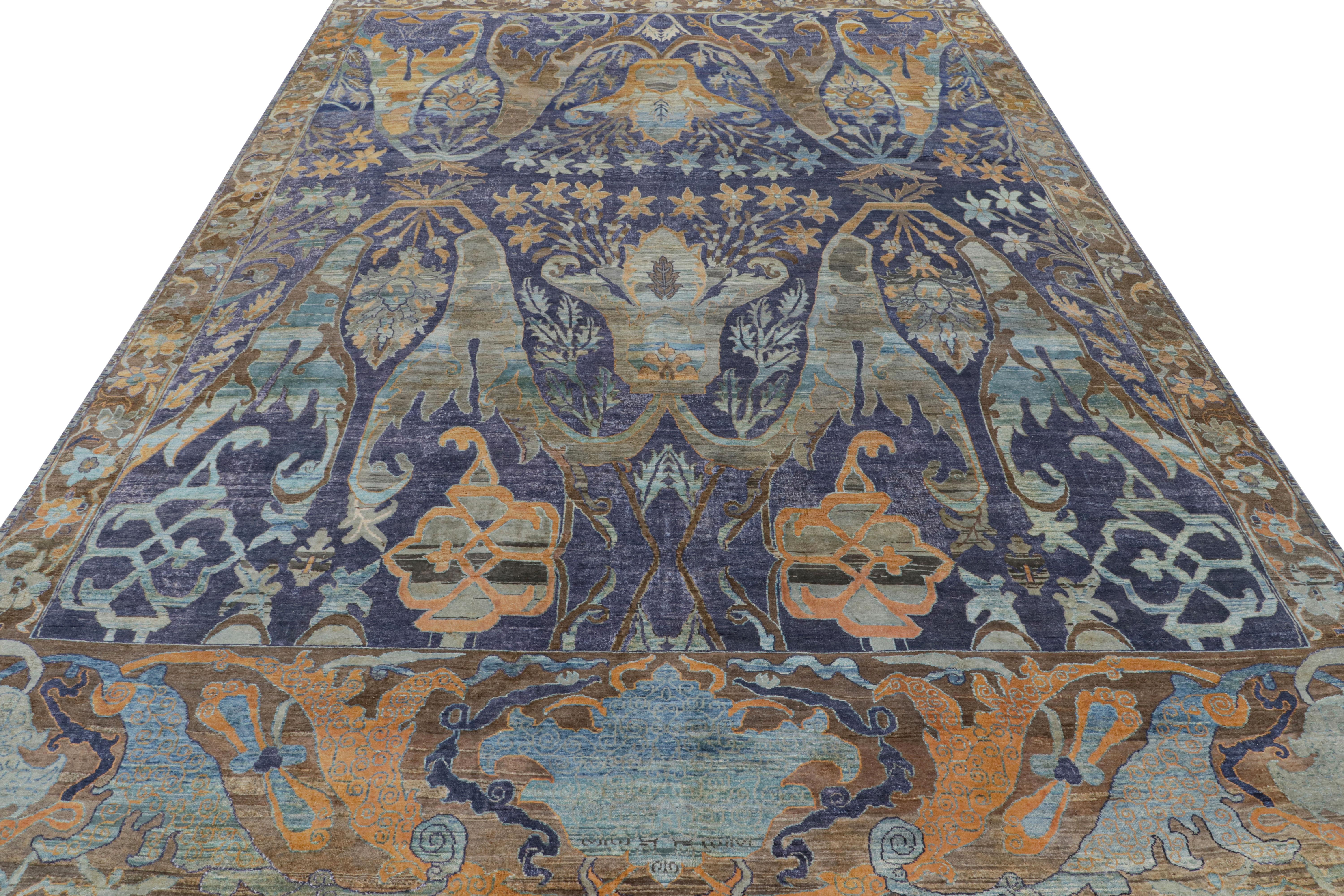 Indian Rug & Kilim’s Oushak-Style Rug in Indigo, Brown and Brown Floral Patterns For Sale