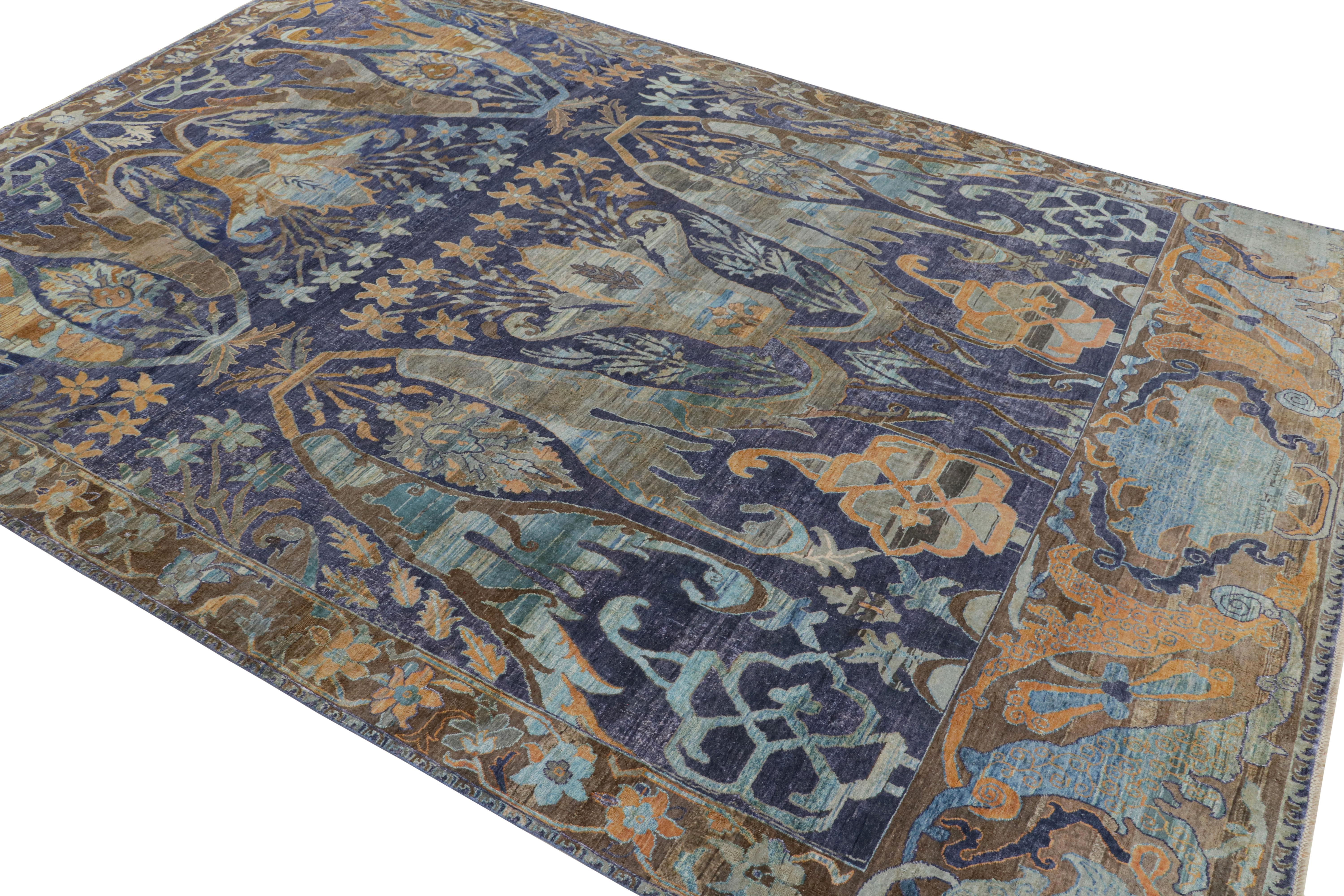 Annodato a mano Rug & Kilim: Tappeto in stile Oushak con motivi floreali indaco, marroni e marroni in vendita