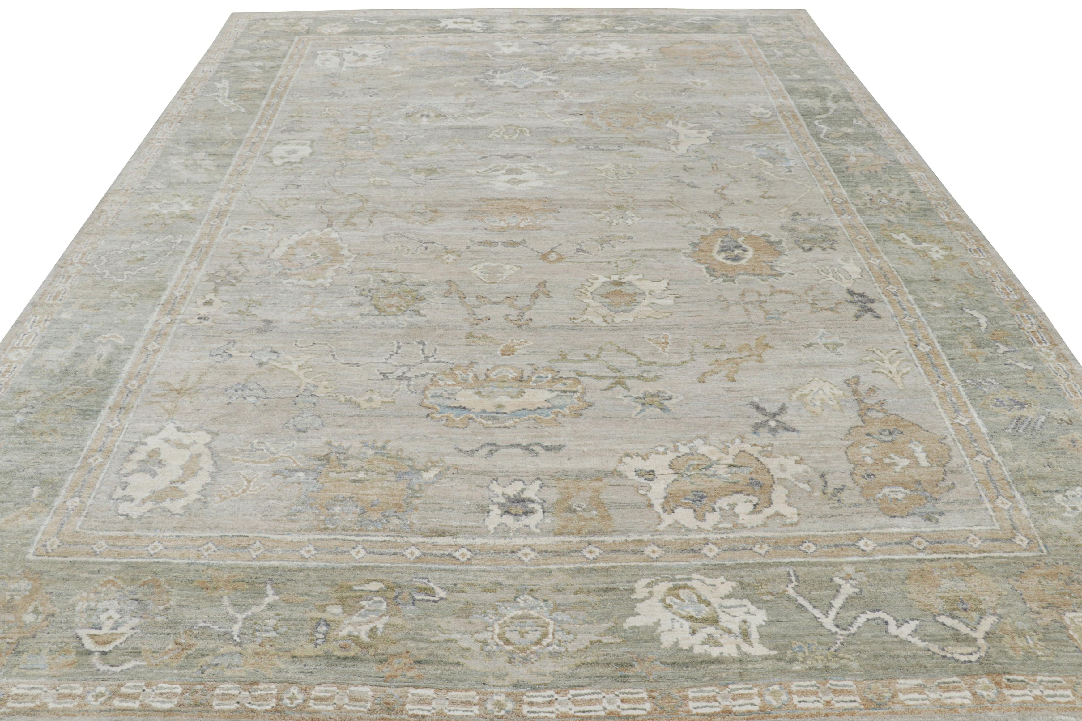 Hand-Knotted Rug & Kilim’s Oushak Style Rug in Ivory and Green with Floral Patterns For Sale
