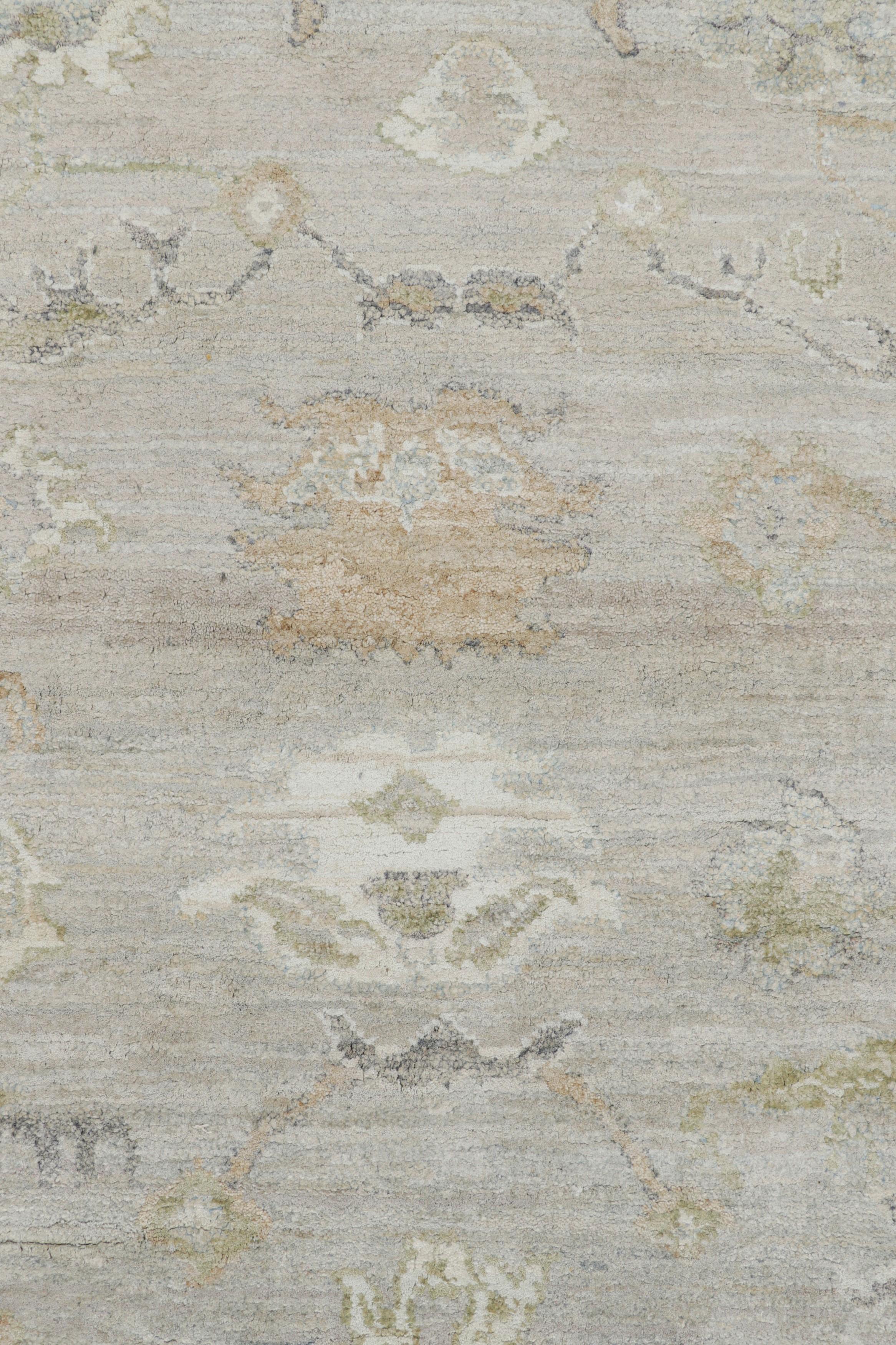 Contemporary Rug & Kilim’s Oushak Style Rug in Ivory and Green with Floral Patterns For Sale