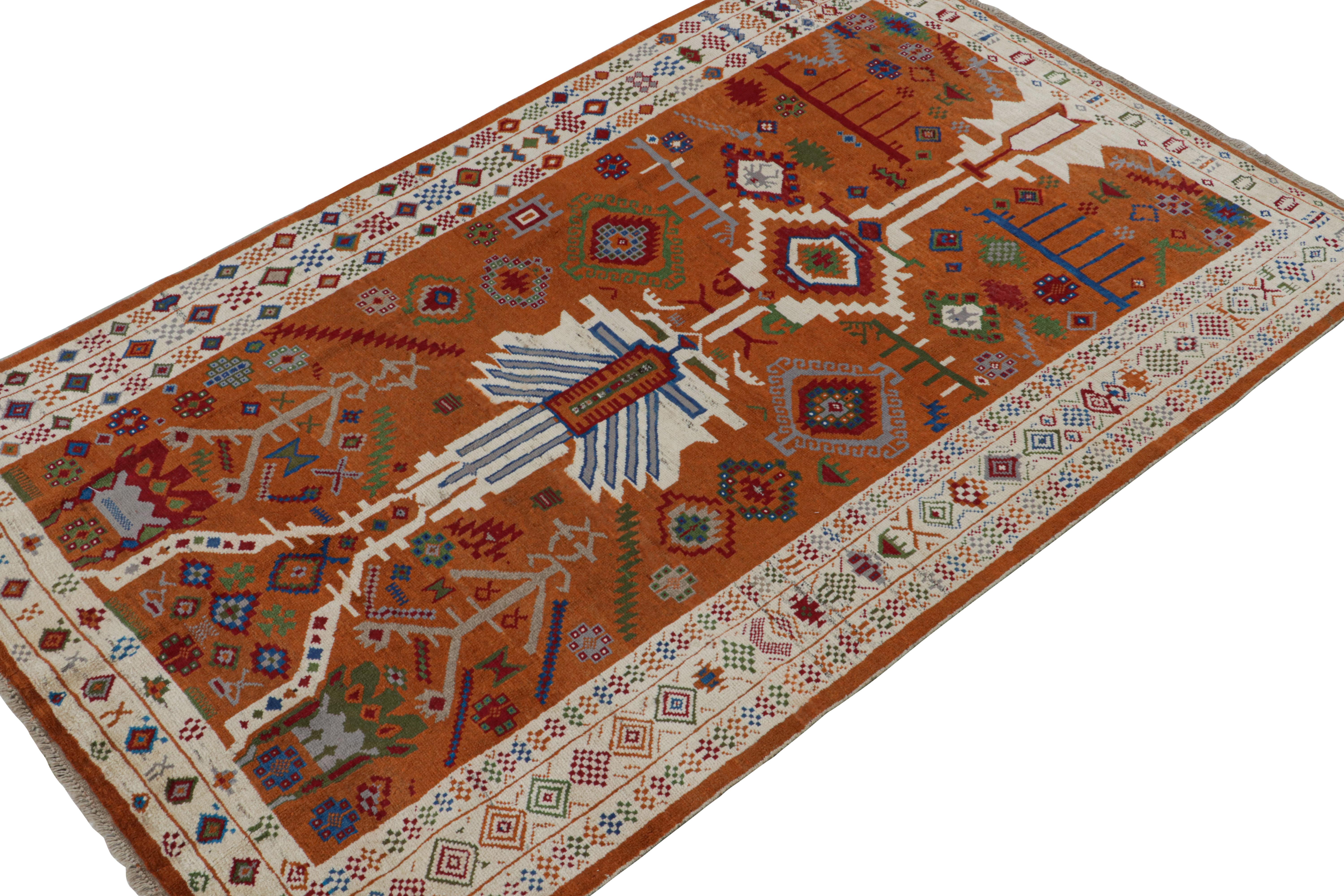 Hand-knotted in wool, this 6x10 rug is from the Modern Classics Collection by Rug & Kilim—inspired by antique Oushak rugs. 

On the Design:

This piece enjoys a bold approach to this style that plays more vibrant geometric patterns on an orange