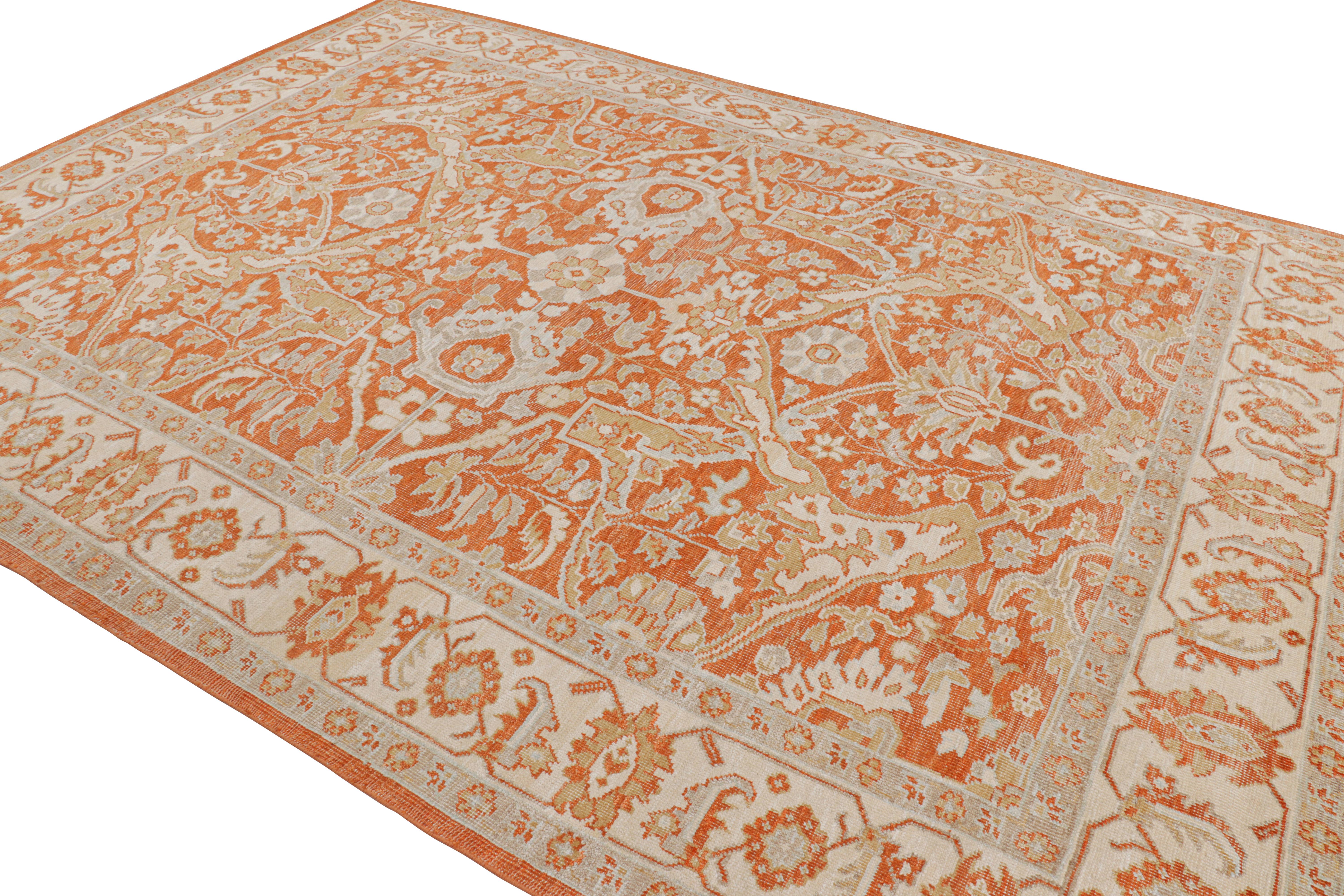 Indian Rug & Kilim’s Oushak Style Rug in Orange with Floral Patterns in Beige and Gold For Sale
