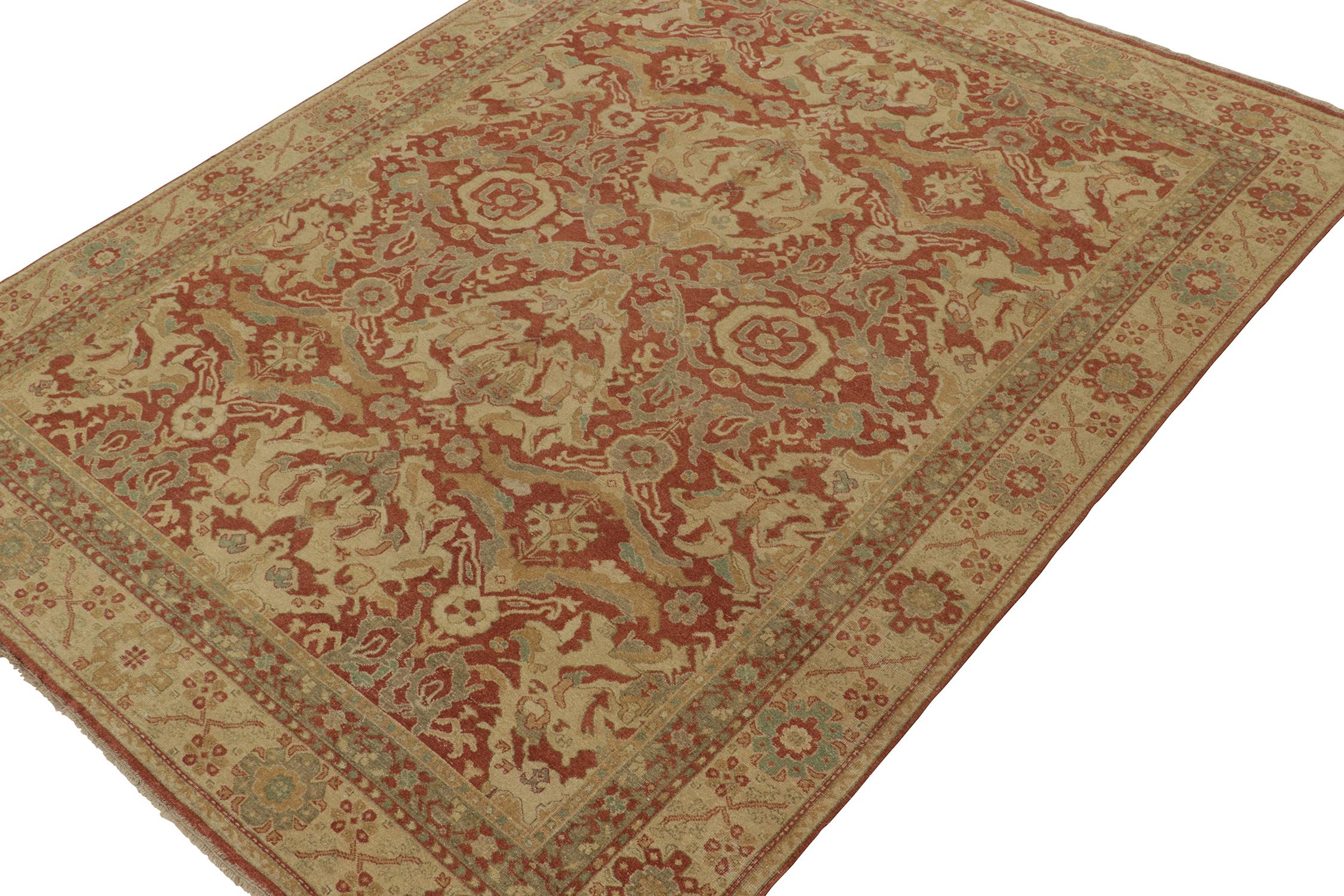 Ein 9x12 großer Teppich aus der Modern Classics Collection'S von Rug & Kilim, der von Oushak-Teppichen aus dem 17. Jahrhundert inspiriert ist. Handgeknüpft aus Wolle, die rostrot mit beige-braunen, grauen und blauen Blumenmustern von klassischer