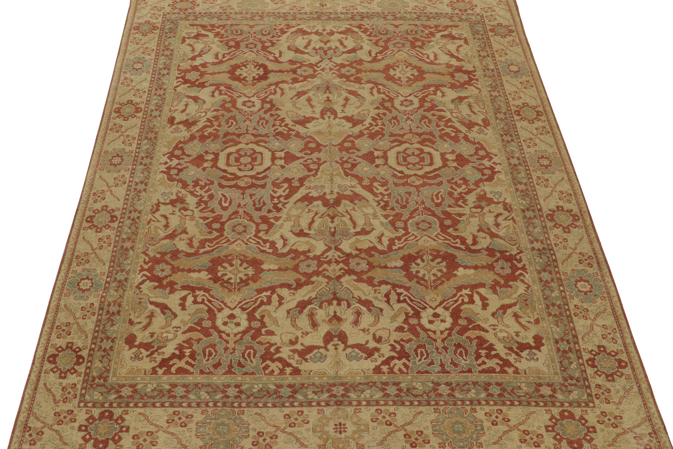 Indian Rug & Kilim’s Oushak style Rug in Red, Beige and Gray-Blue Floral Pattern For Sale