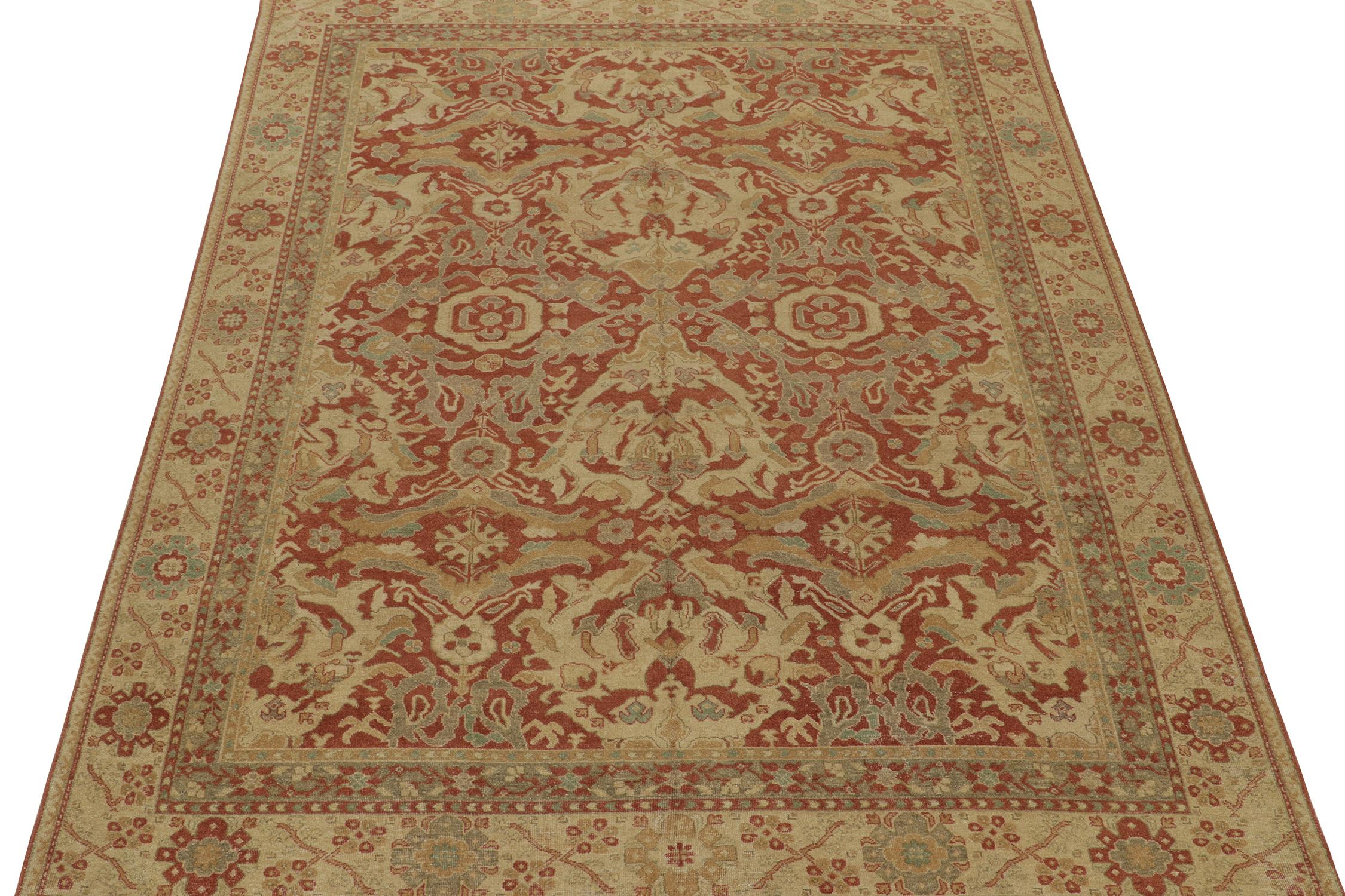 Rug & Kilim's Oushak-Teppich in Rot, Beige und Grau-Blau mit Blumenmuster (Indisch) im Angebot