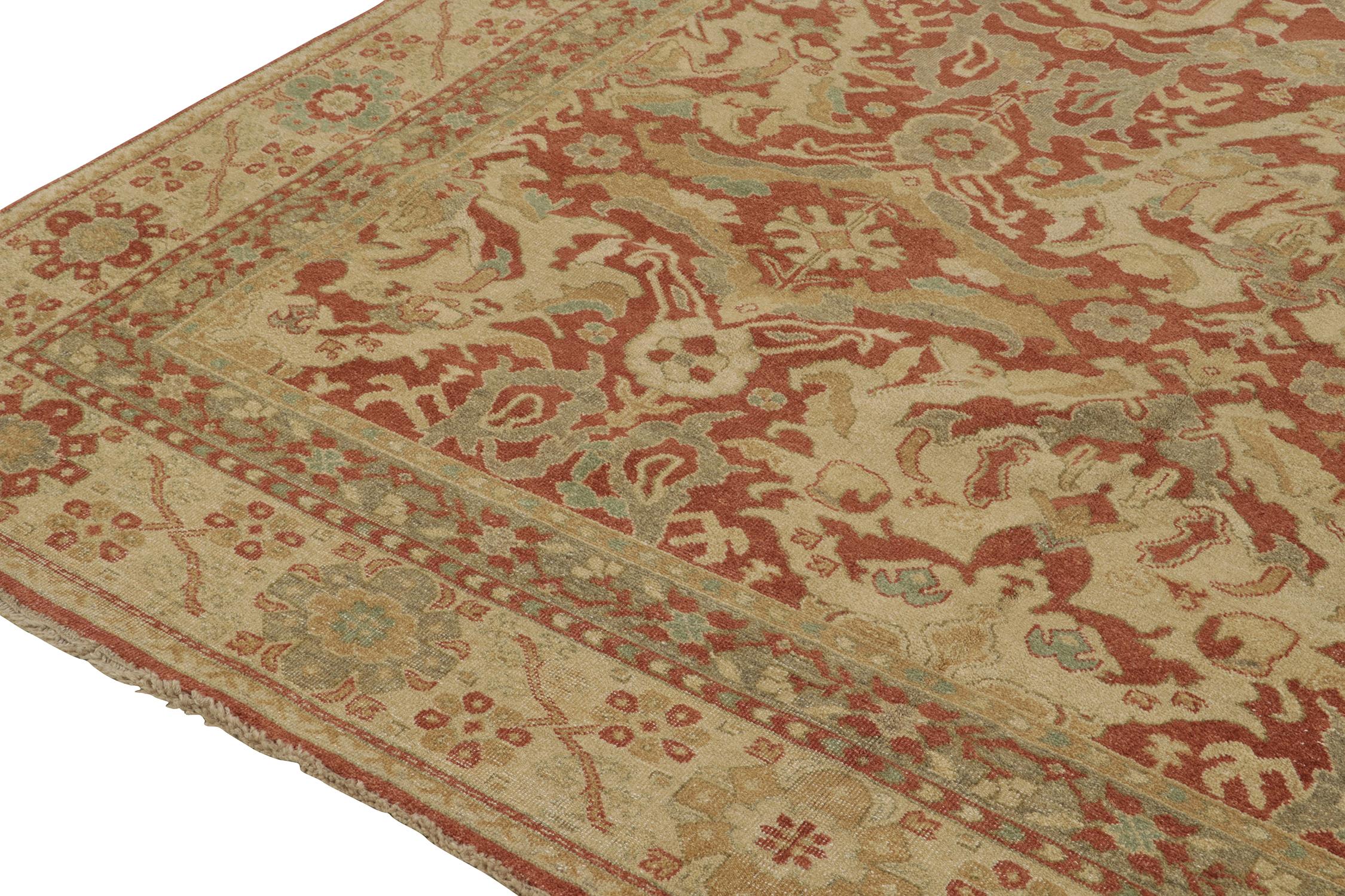 Hand-Knotted Rug & Kilim’s Oushak style Rug in Red, Beige and Gray-Blue Floral Pattern For Sale