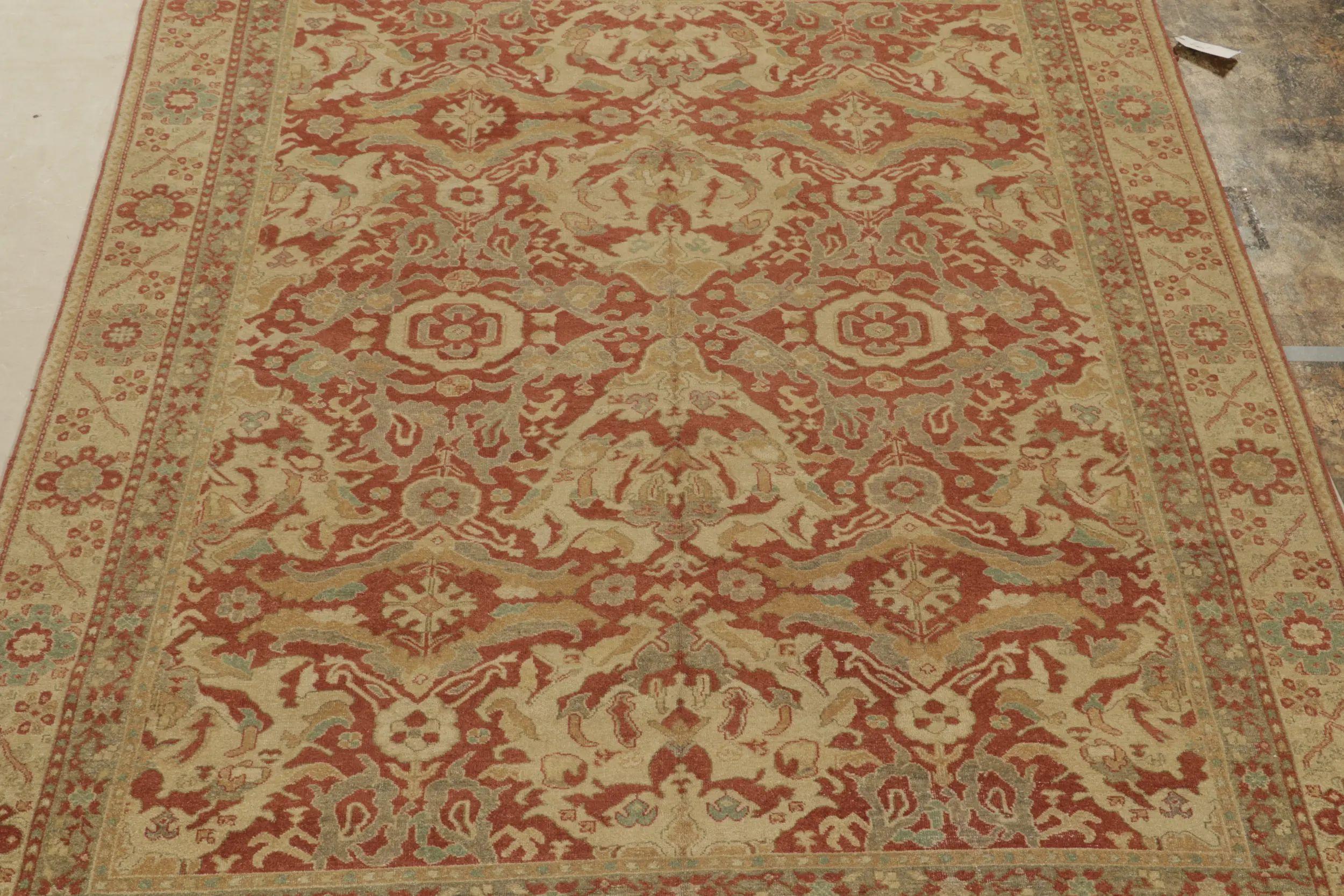 Noué à la main Rug & Kilim's Oushak style Rug in Red, Beige and Gray-Blue Floral Pattern (tapis de style Oushak en rouge, beige et bleu-gris) en vente