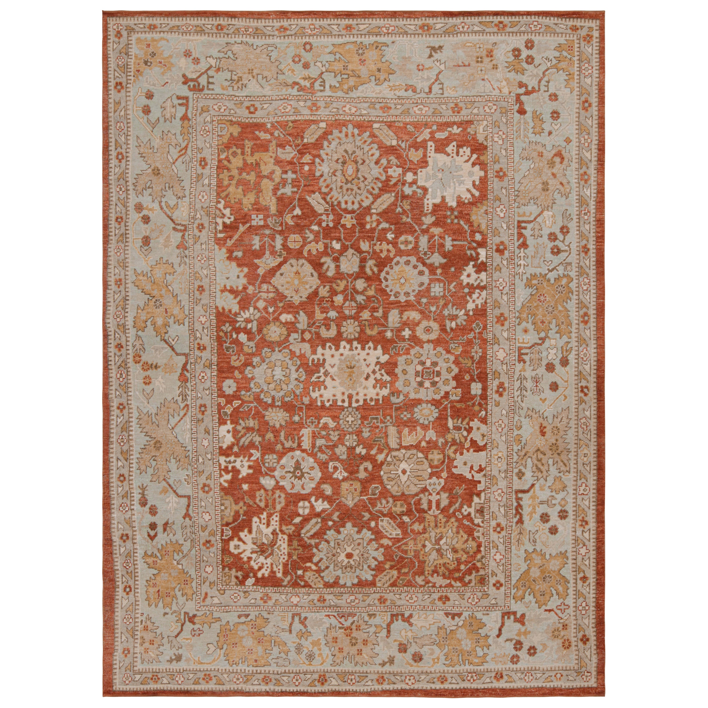 Rug & Kilim’s Oushak style rug in Red, Blue & Brown Floral Patterns For Sale