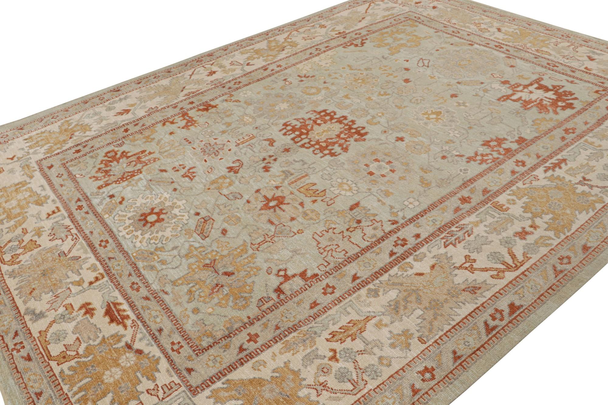 This 9x12 rug from the Modern Classics Collection by Rug & Kilim is from a new line inspired by antique Oushak rugs. Hand-knotted in wool & sari silk, its design enjoys beige, gold & sky blue toned floral patterns.  

On the Design: 

The rug is