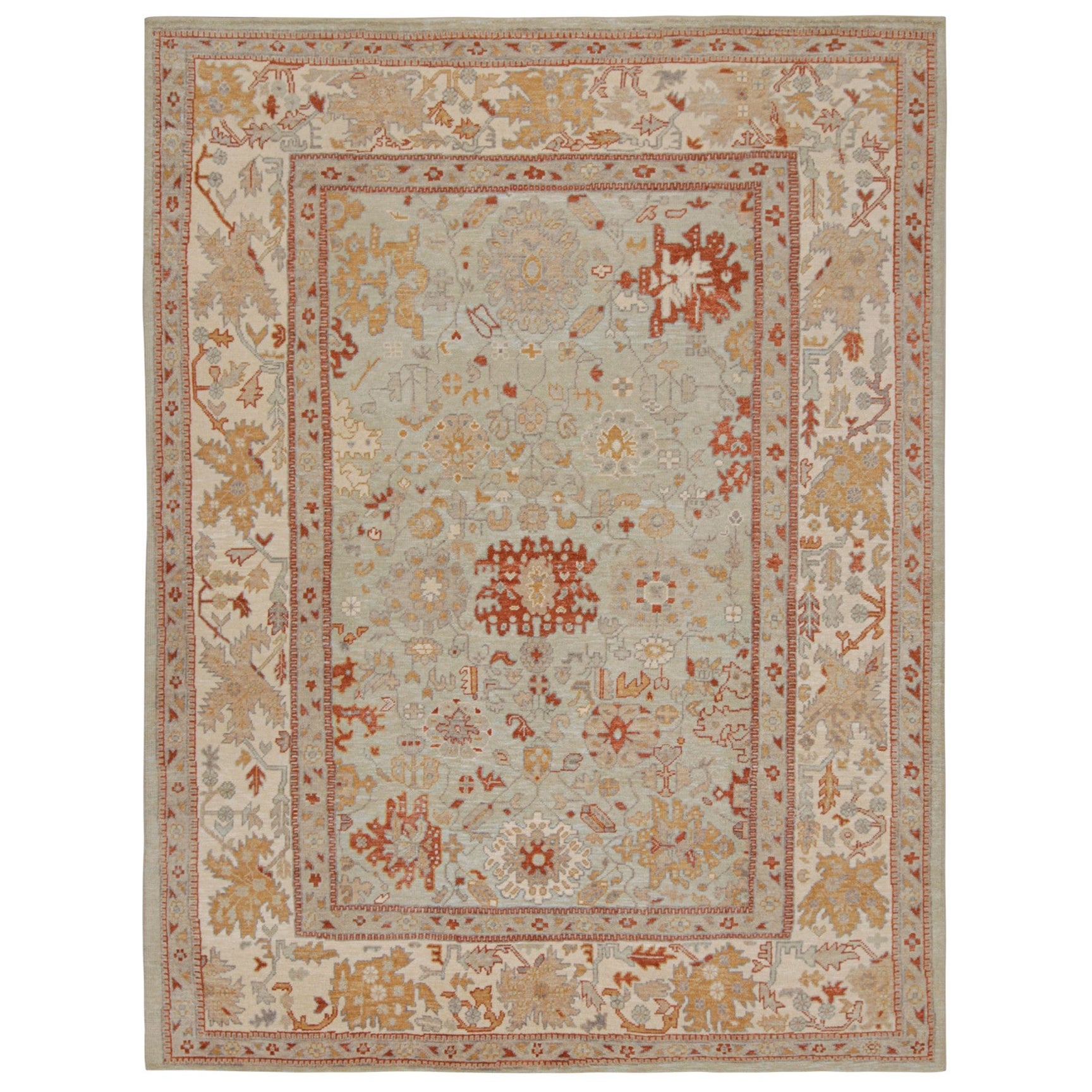 Tappeto in stile Oushak di Rug & Kilim con motivi floreali blu cielo, beige e oro