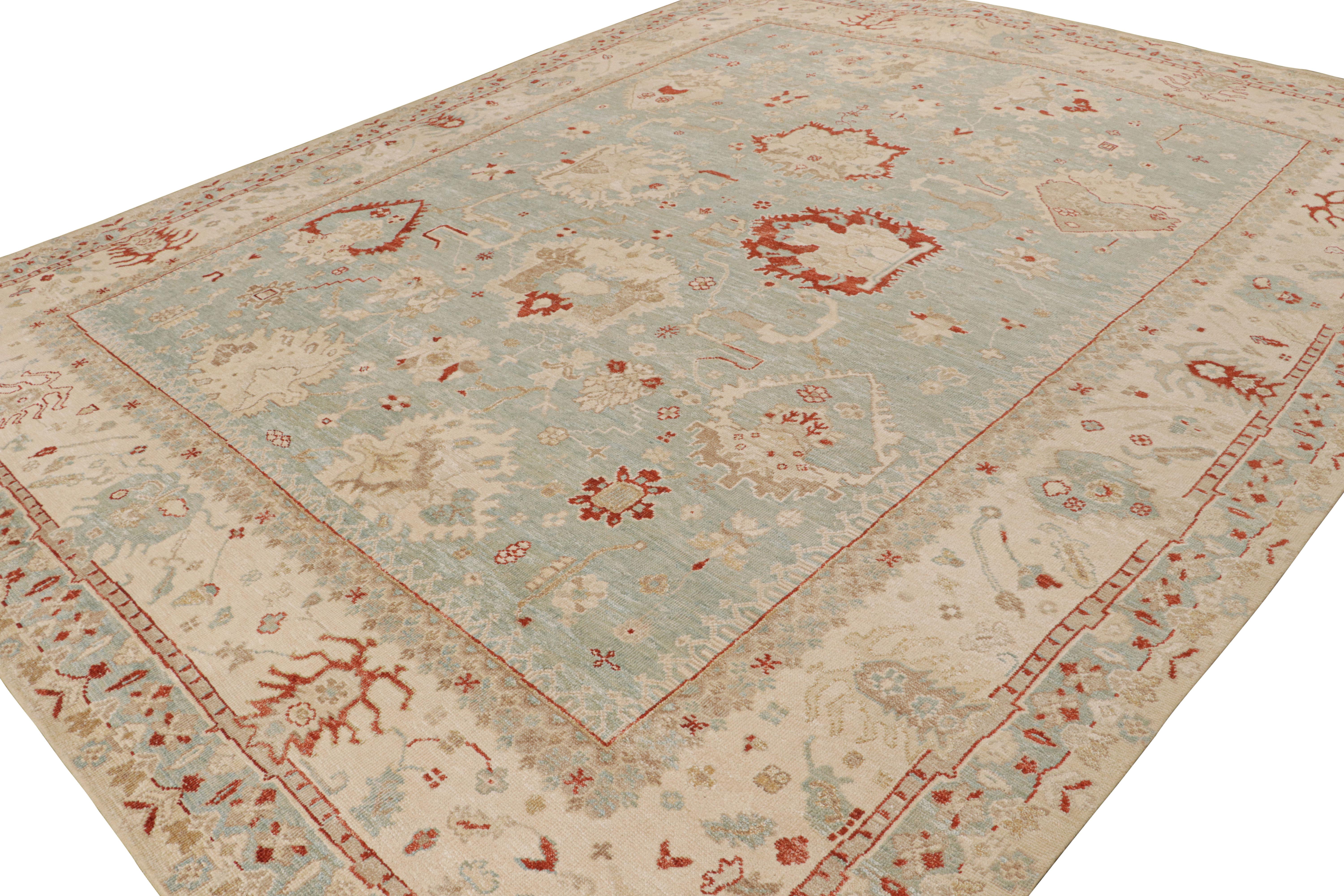 This 12x15 rug from the Modern Classics Collection features a sky blue field, beige borders and rich red tones along with geometric-floral patterns keeping with the Oushak style. 

On the design: 

Connoisseurs will admire that this rug is made with