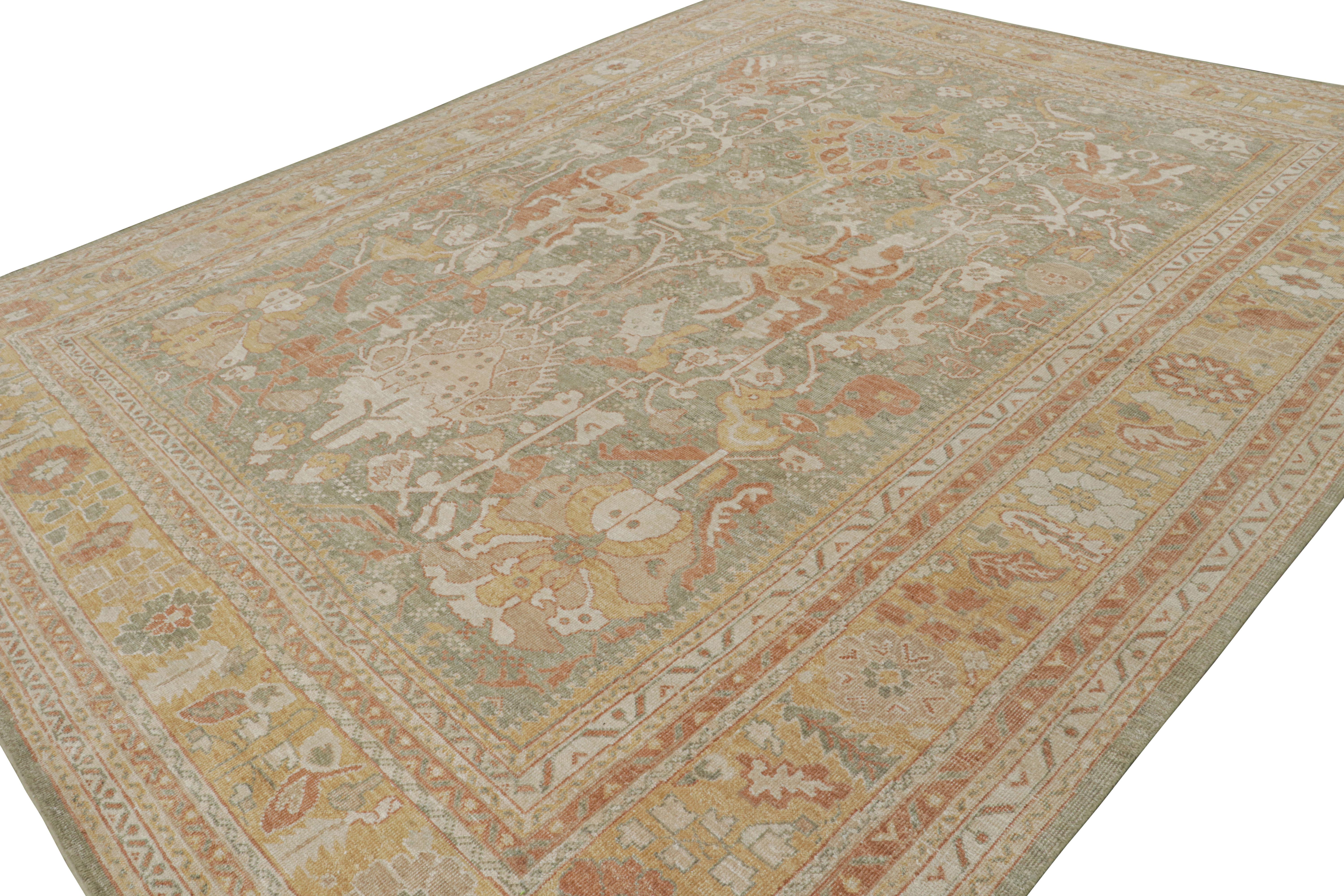 Questo tappeto 12x15 della Modern Classics Collection presenta un campo verde acqua, toni oro e ruggine insieme a motivi geometrici floreali in un'atmosfera informale ed elegante, in linea con lo stile Oushak. 

Sul design: 

Gli intenditori