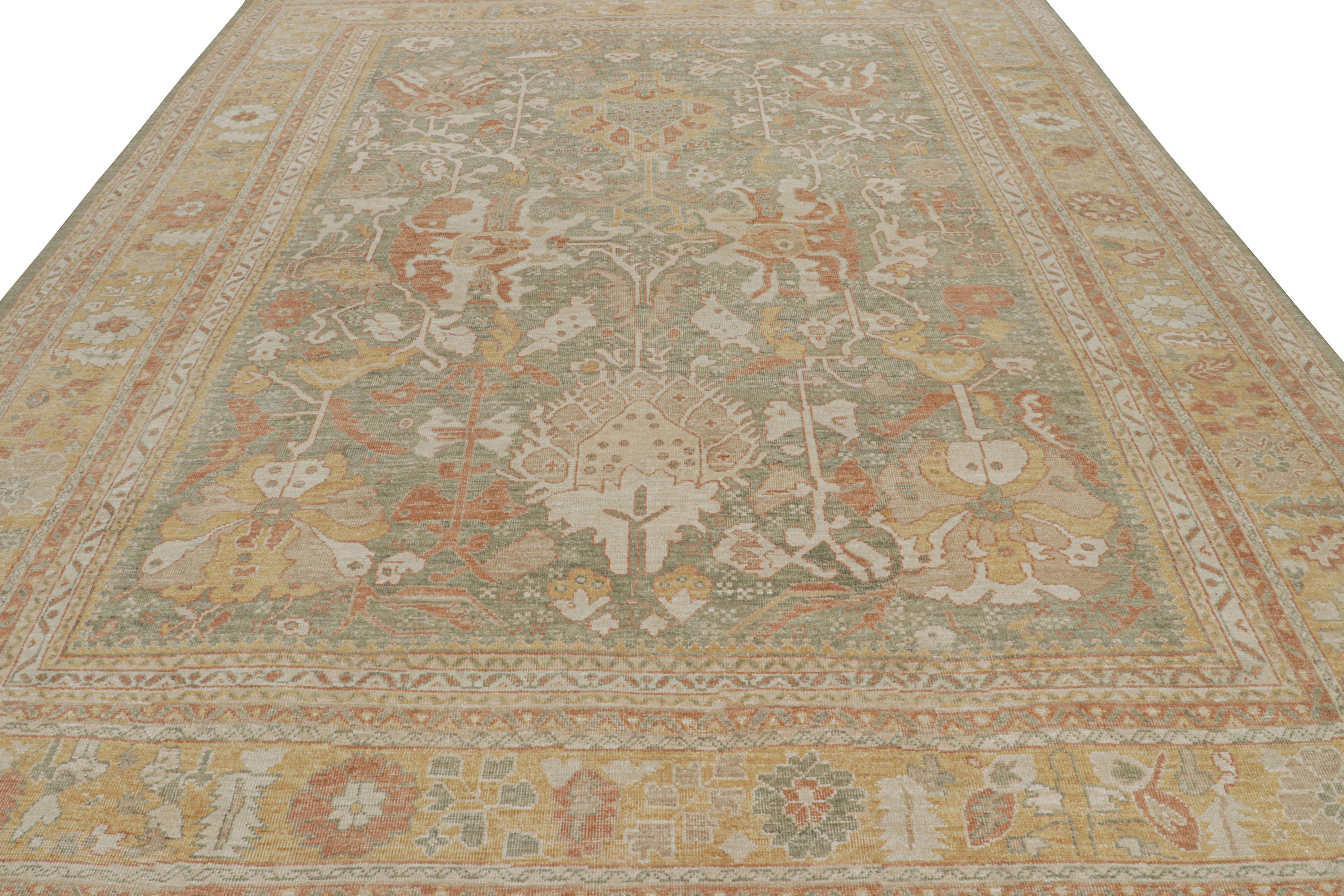 Indiano Rug & Kilim - Tappeto in stile Oushak in verde acqua con motivi floreali all over in vendita