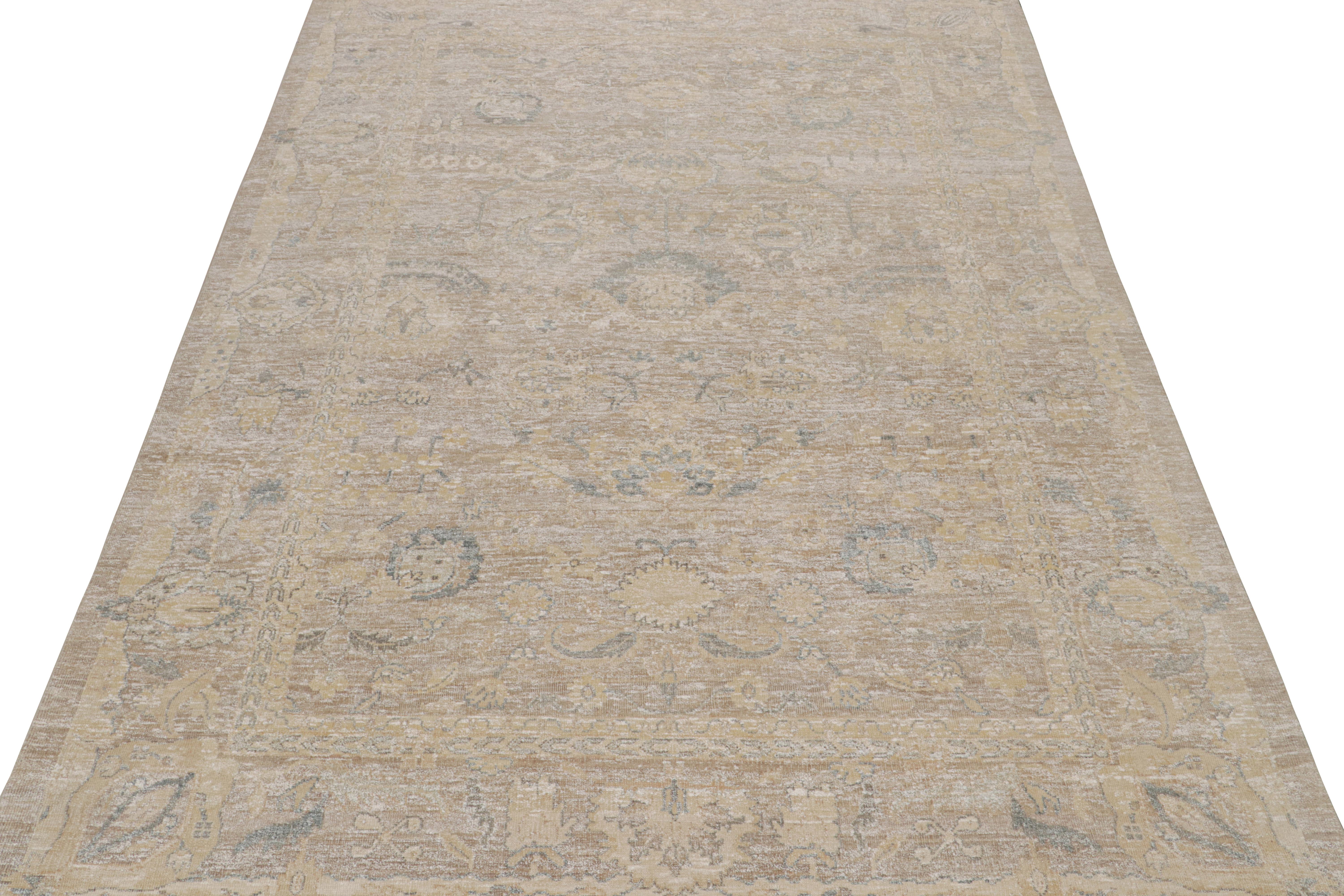 Indian Rug & Kilim’s Oushak Style Rug with Beige-Brown, Blue and Gold Floral Patterns For Sale