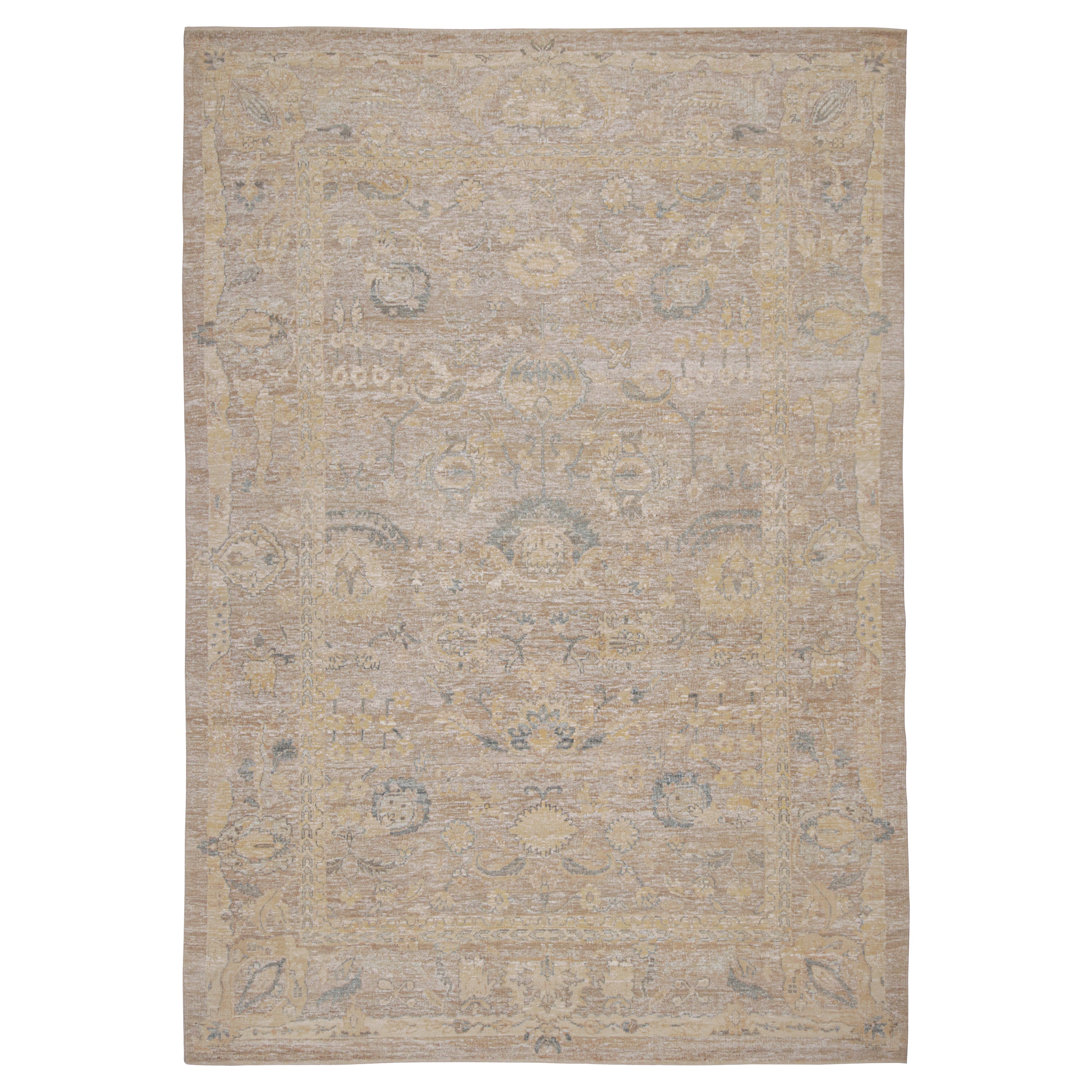 Rug & Kilim’s Oushak Style Rug with Beige-Brown, Blue and Gold Floral Patterns For Sale
