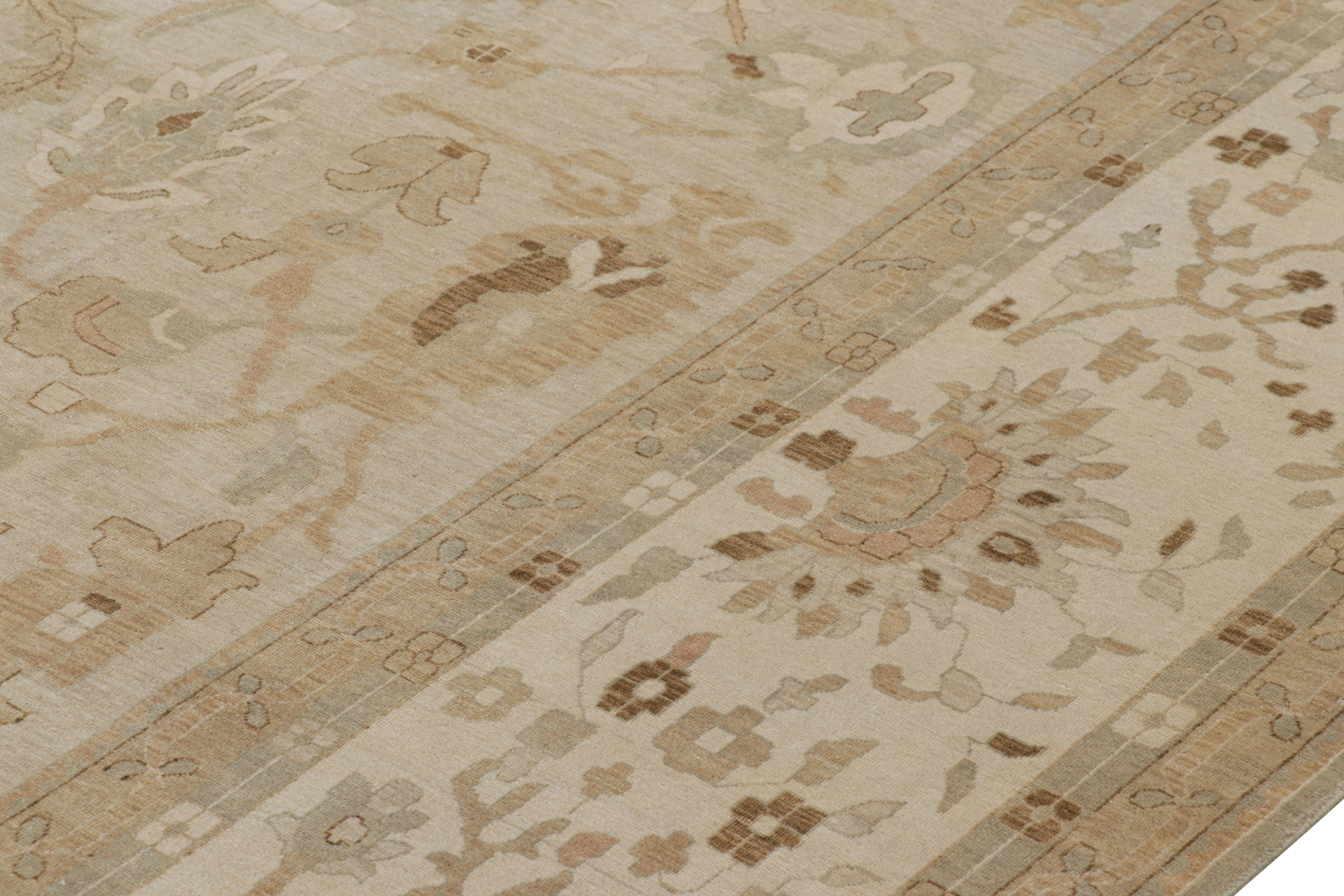 Modern Rug & Kilim’s Oushak Style Rug with Beige-Brown Floral Patterns For Sale