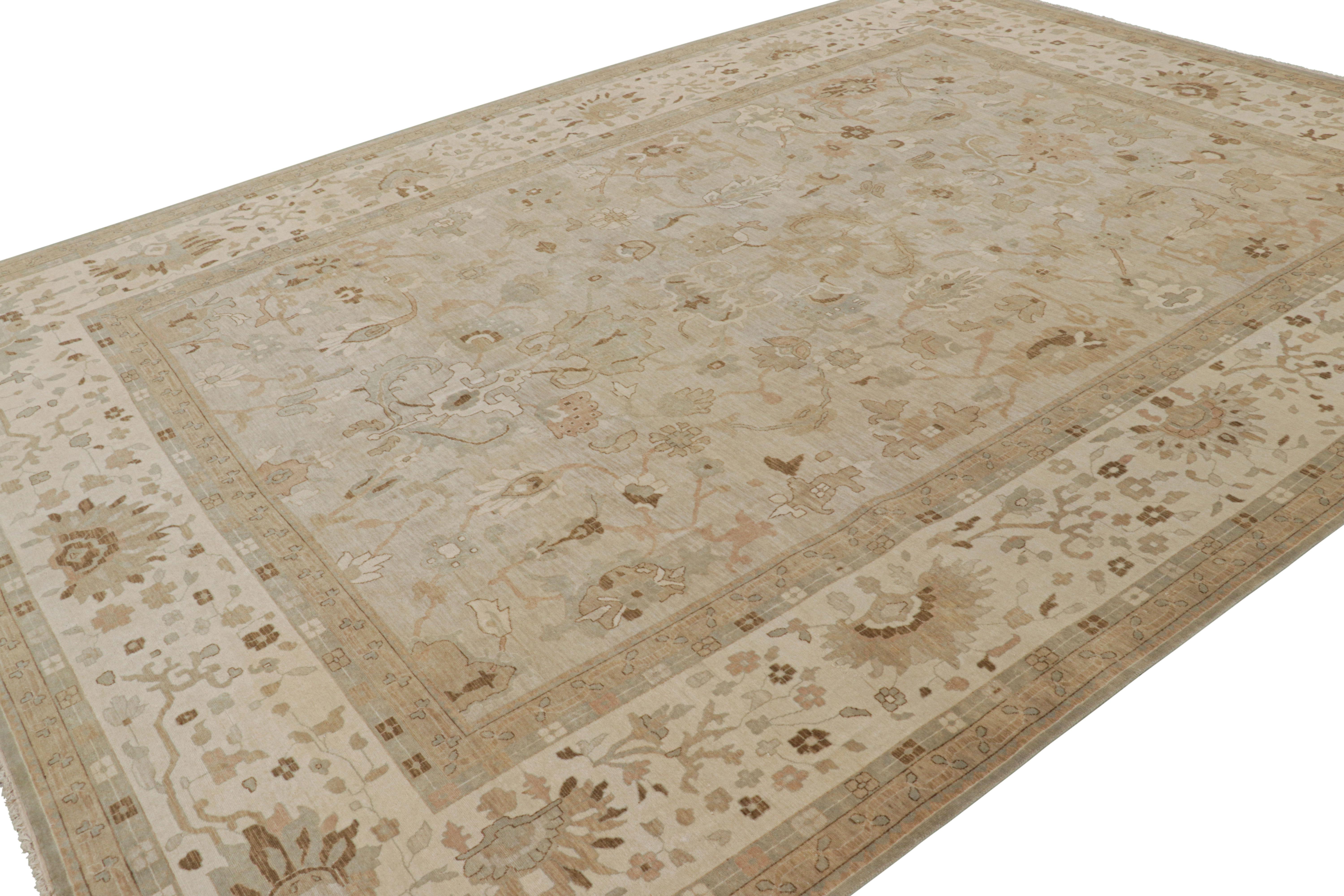 Indian Rug & Kilim’s Oushak Style Rug with Beige-Brown Floral Patterns For Sale