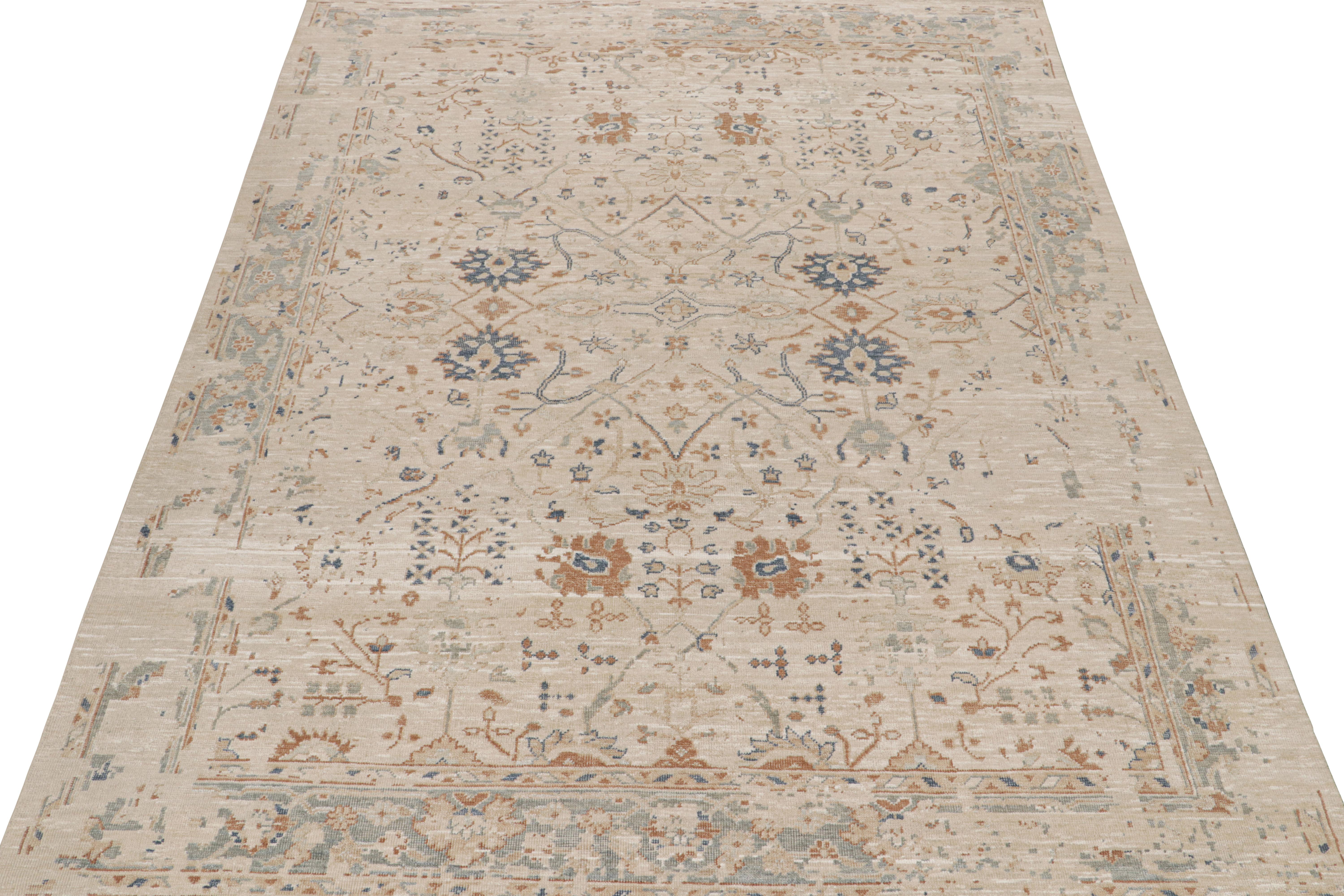 Indian Rug & Kilim’s Oushak Style Rug with Beige, Rust and Navy Blue Floral Patterns For Sale