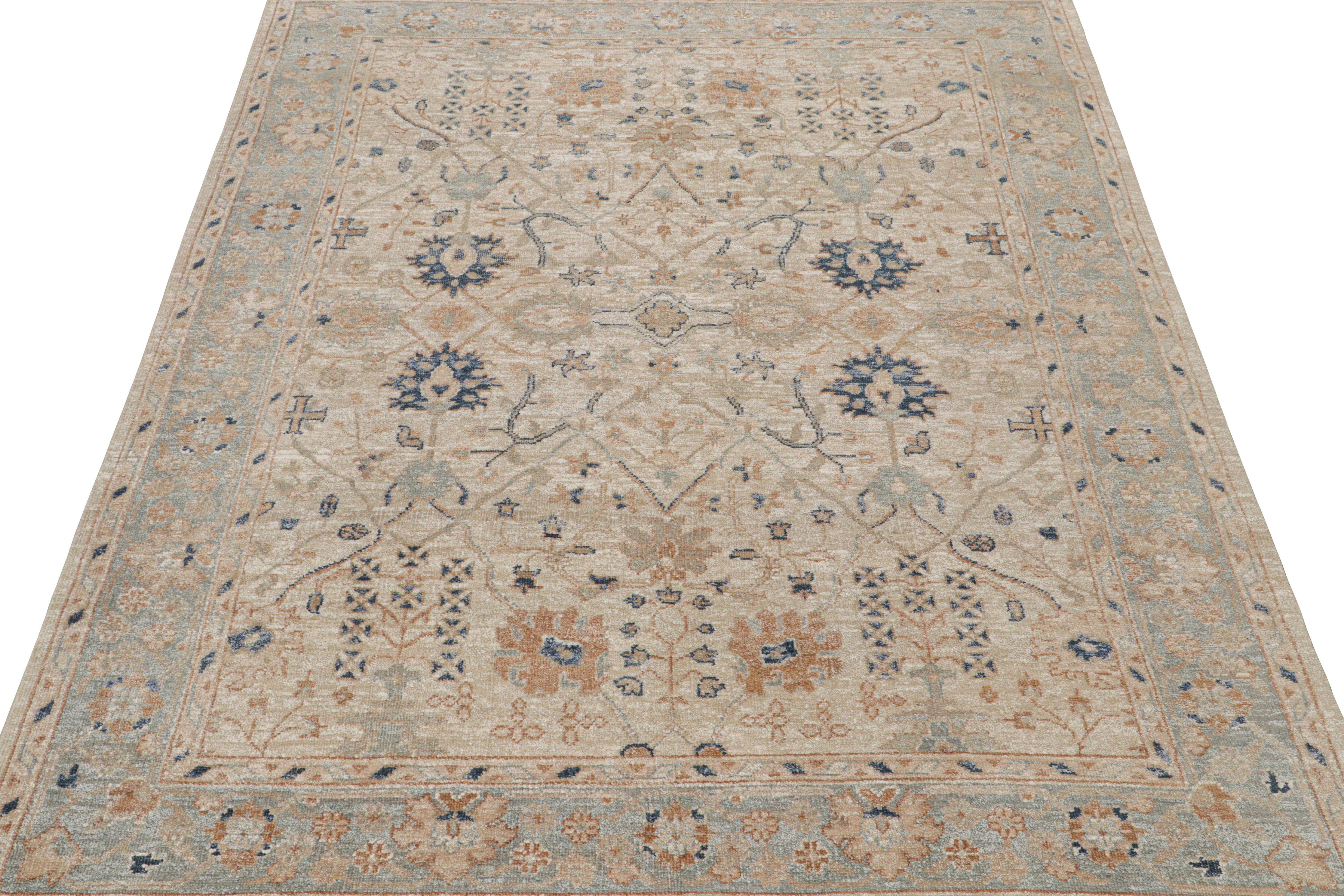 Indian Rug & Kilim’s Oushak Style Rug with Beige, Rust and Navy Blue Floral Patterns For Sale