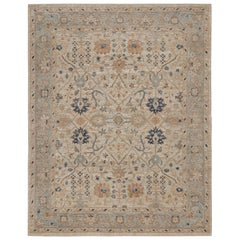 Rug & Kilim’s Oushak Style Rug with Beige, Rust and Navy Blue Floral Patterns