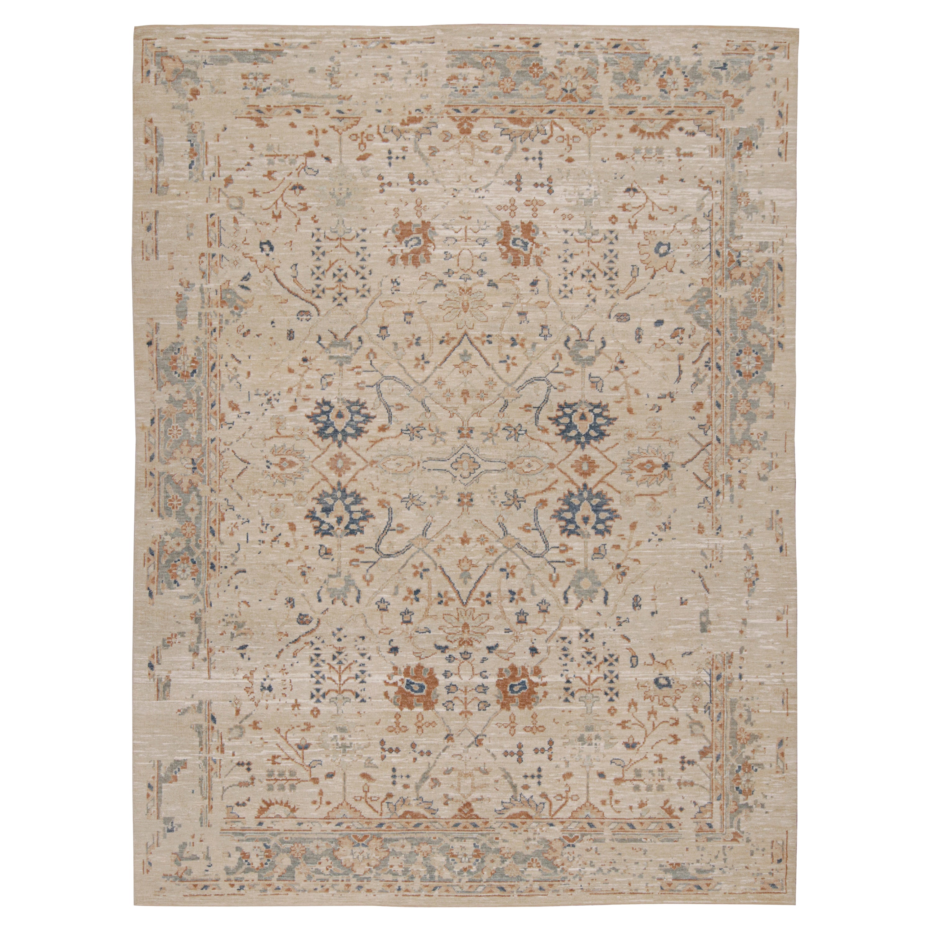 Rug & Kilim’s Oushak Style Rug with Beige, Rust and Navy Blue Floral Patterns