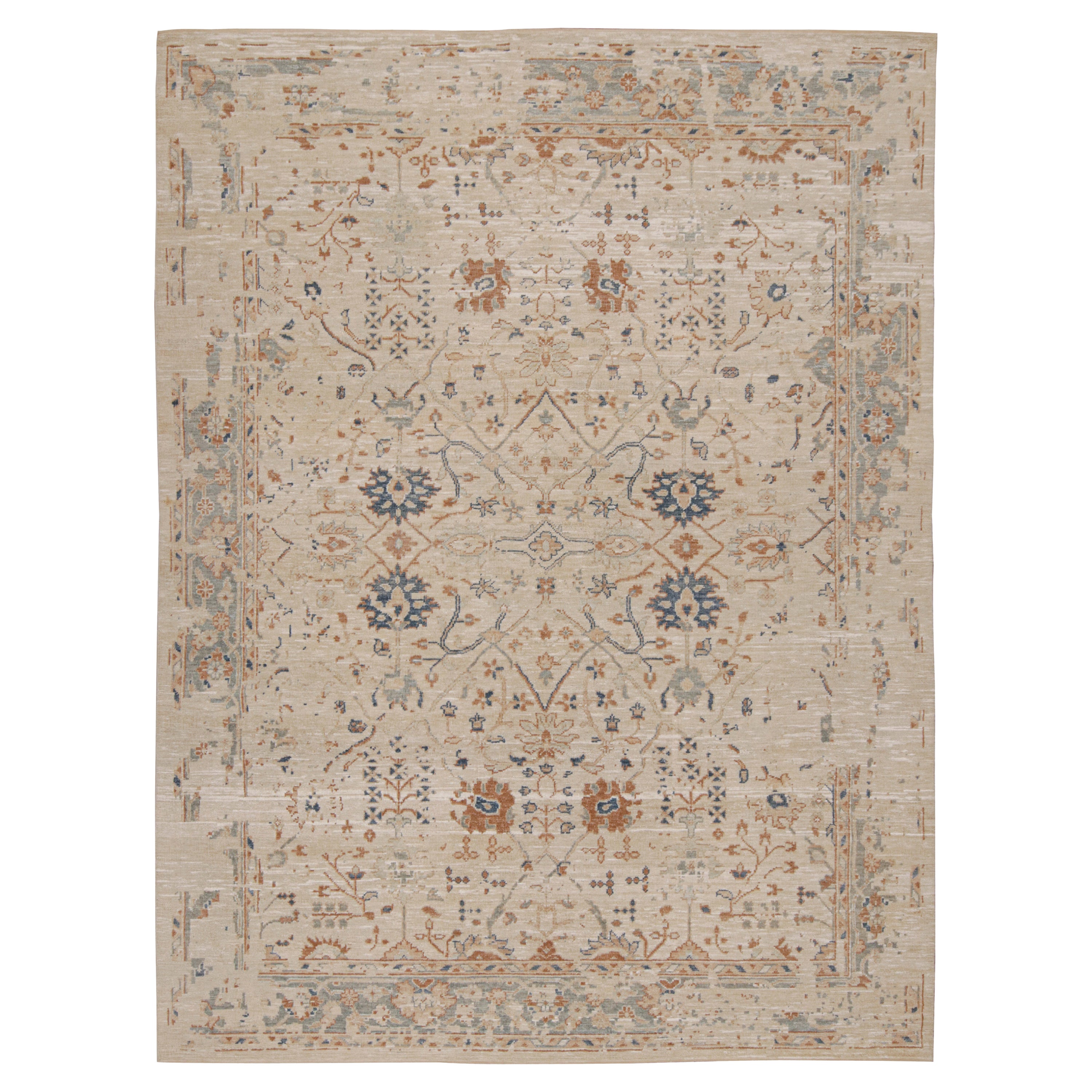 Tapis Oushak de Rug & Kilim à motifs floraux beige, rouille et bleu marine en vente