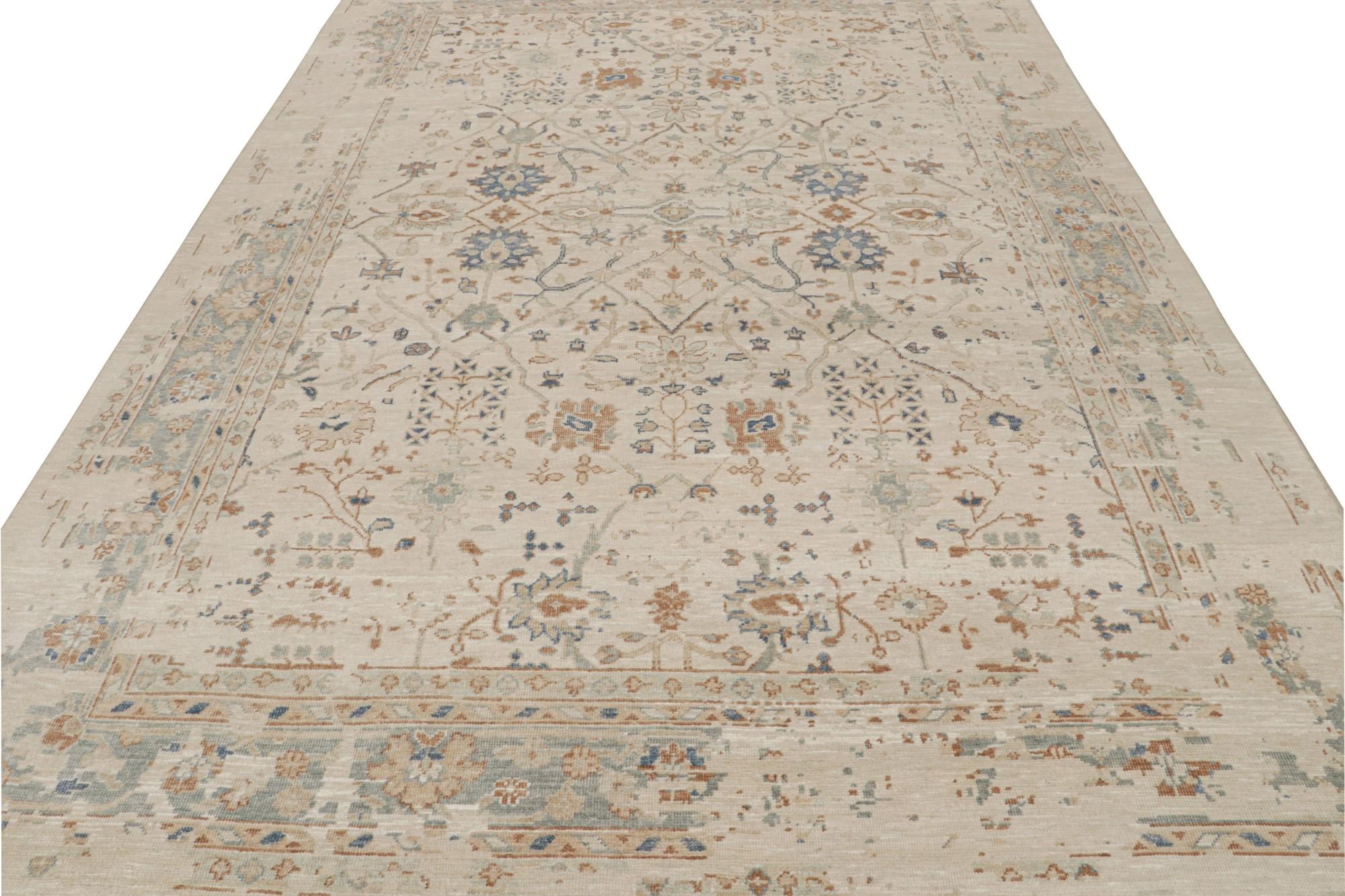 Indian Rug & Kilim’s Oushak Style Rug with Brown-Blue Floral Pattern on Greige For Sale