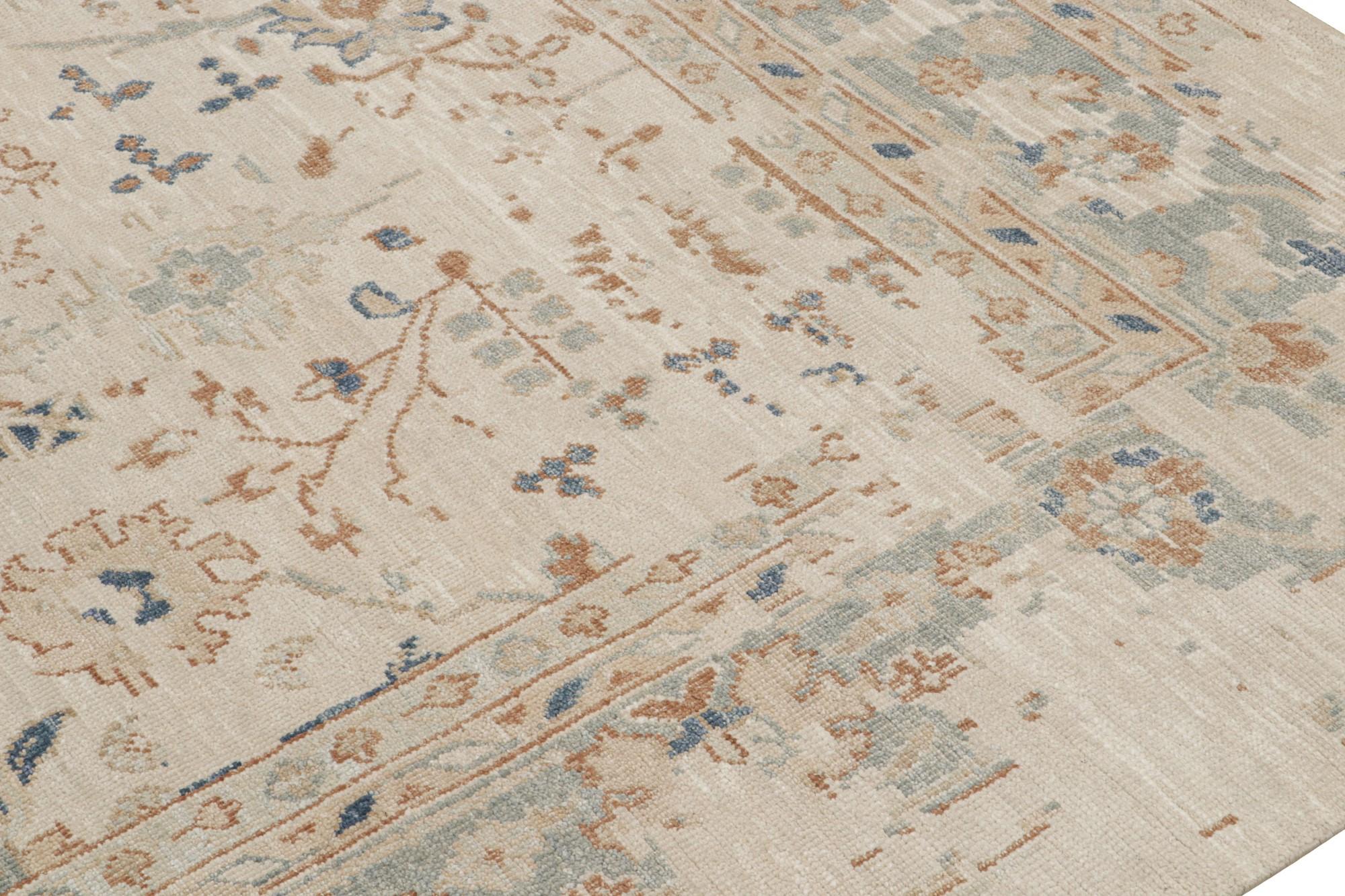 Rug & Kilim’s Oushak Style Rug with Brown-Blue Floral Pattern on Greige In New Condition For Sale In Long Island City, NY