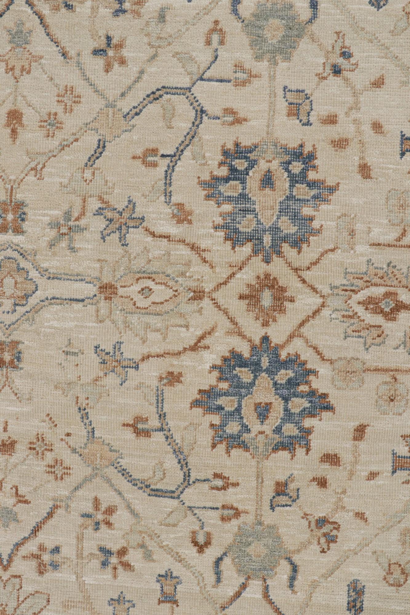 Contemporary Rug & Kilim’s Oushak Style Rug with Brown-Blue Floral Pattern on Greige For Sale