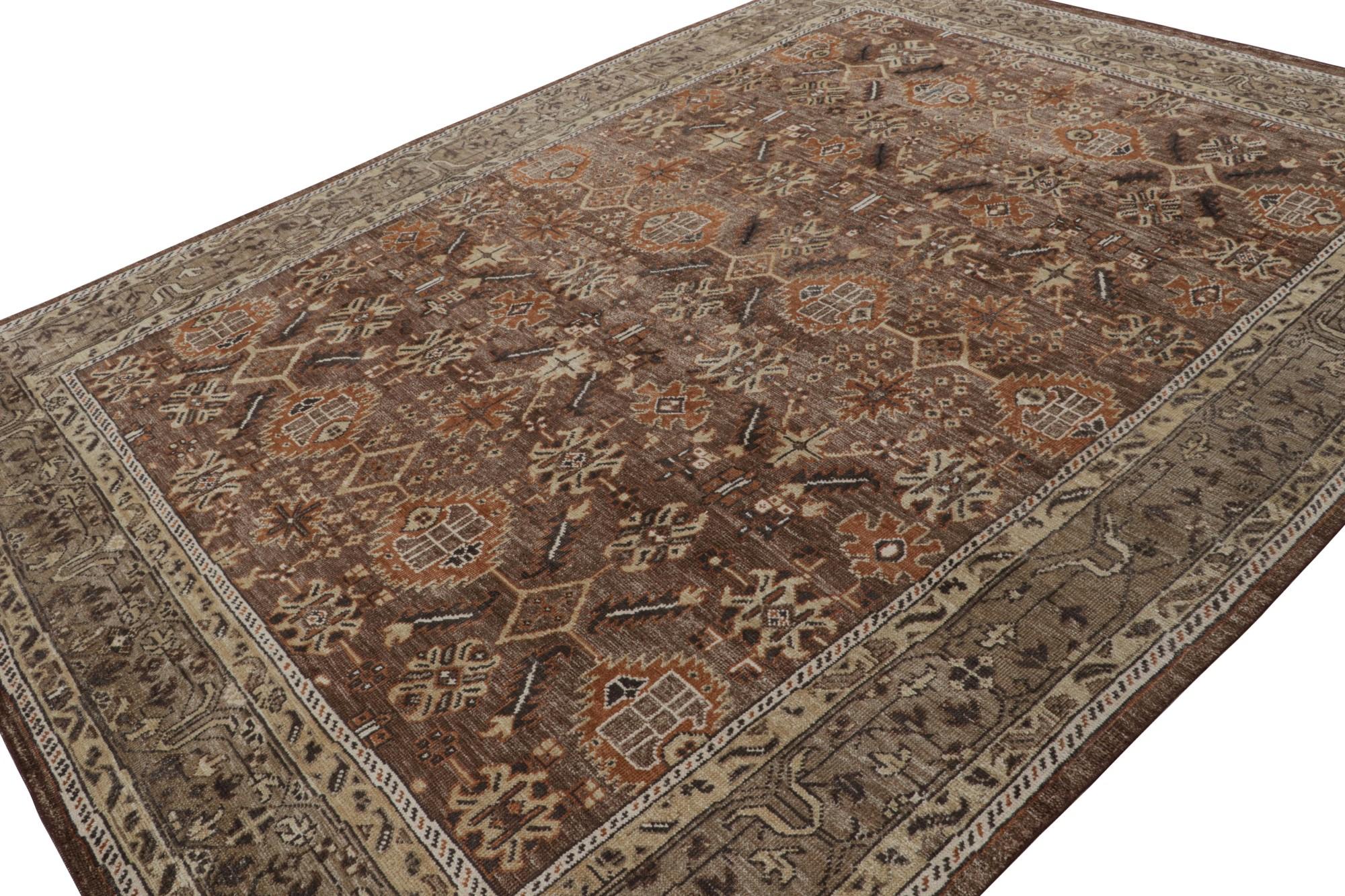 This 8x12 rug from the Modern Classics Collection by Rug & Kilim is from a new line inspired by antique Oushak rugs. Hand-knotted in wool & sari silk, its design enjoys geometric motifs and tribal floral patterns in brown and rust tone colors, with