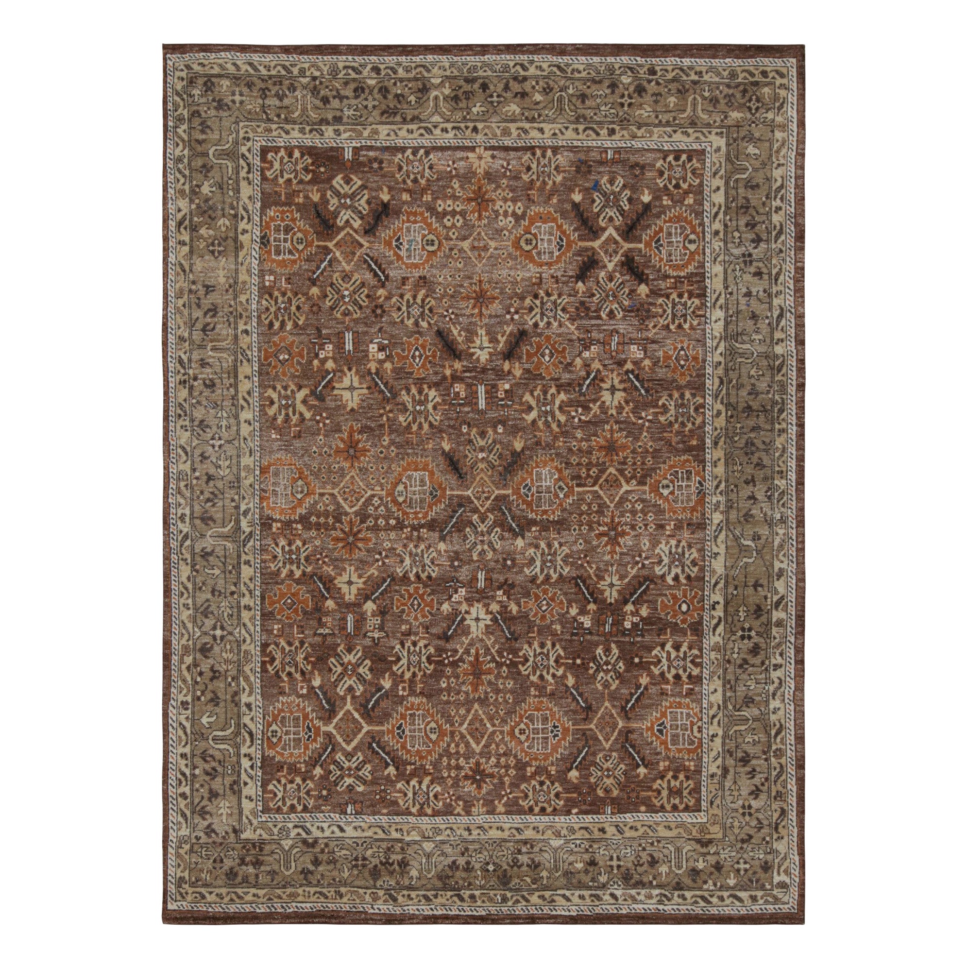 Rug & Kilim’s Oushak Style Rug with Geometric Patterns in Brown and Rust Tones For Sale