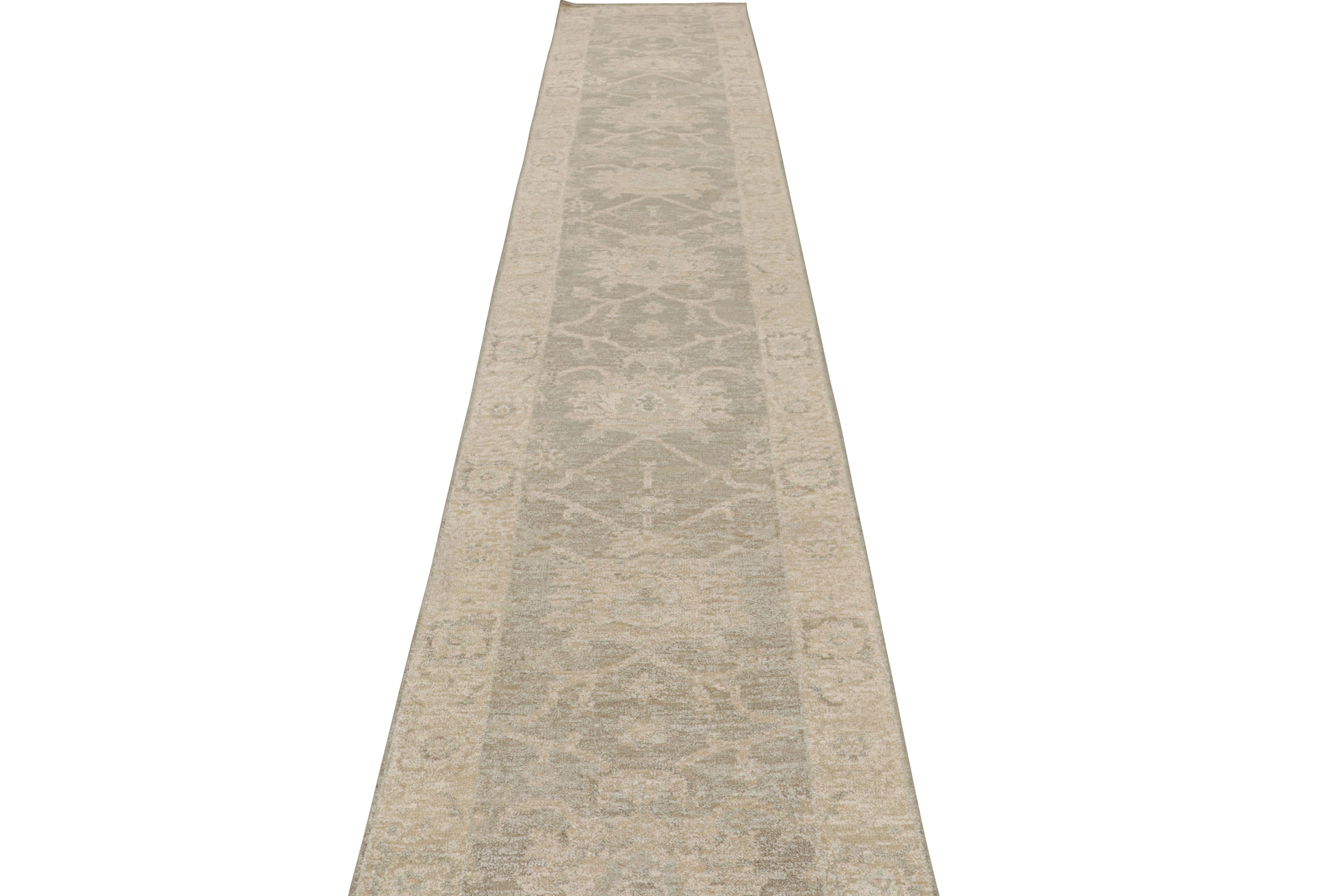 Modern Rug & Kilim’s Oushak Style Runner Rug in Beige/Brown, With Floral Patterns For Sale