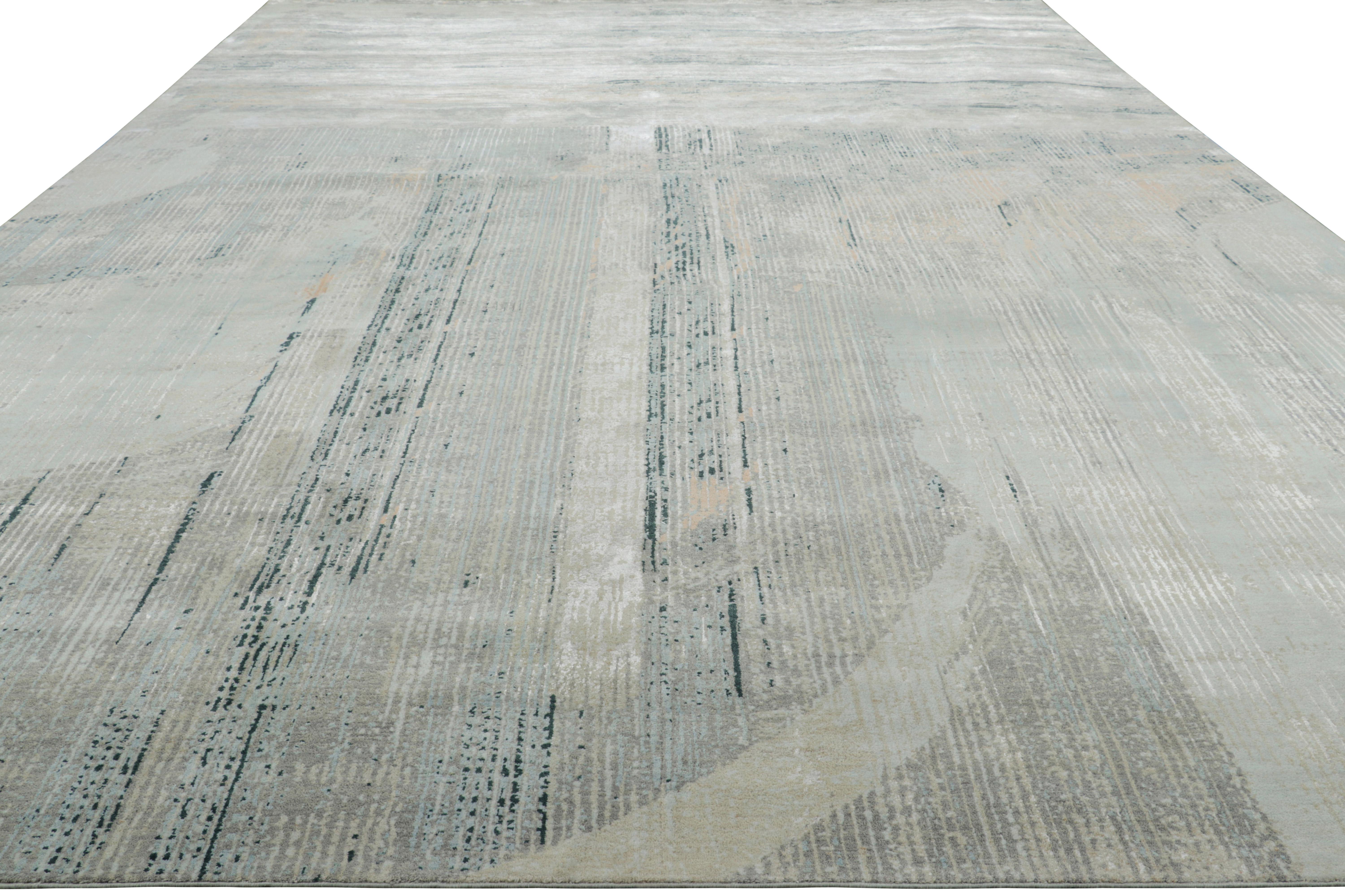 Indian Rug & Kilim’s Oversized Abstract Rug with Gray and Blue Geometric Patterns For Sale