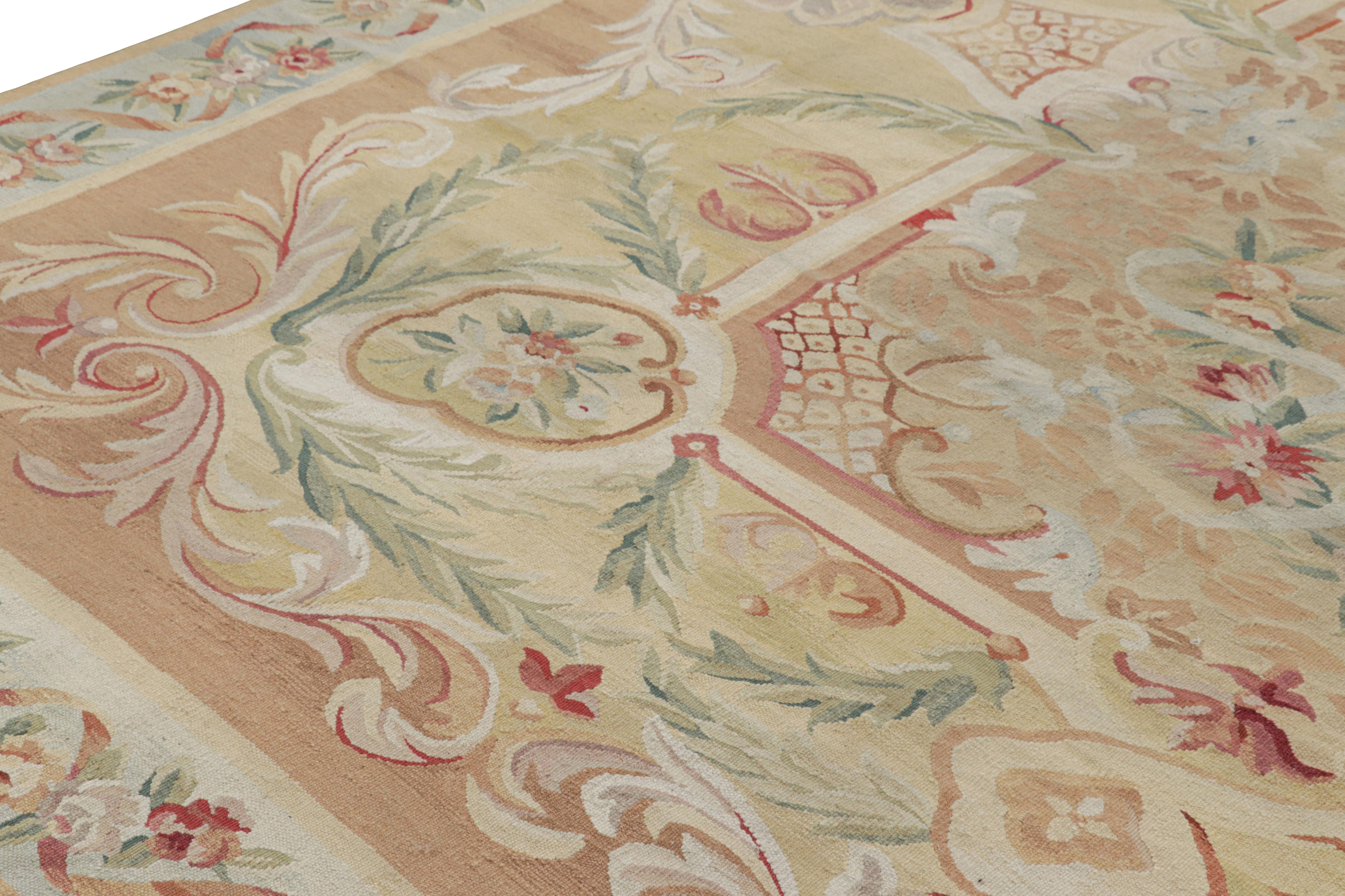 Chinese Rug & Kilim’s Oversized Aubusson Style Rug in Beige-Brown with Floral Medallion For Sale