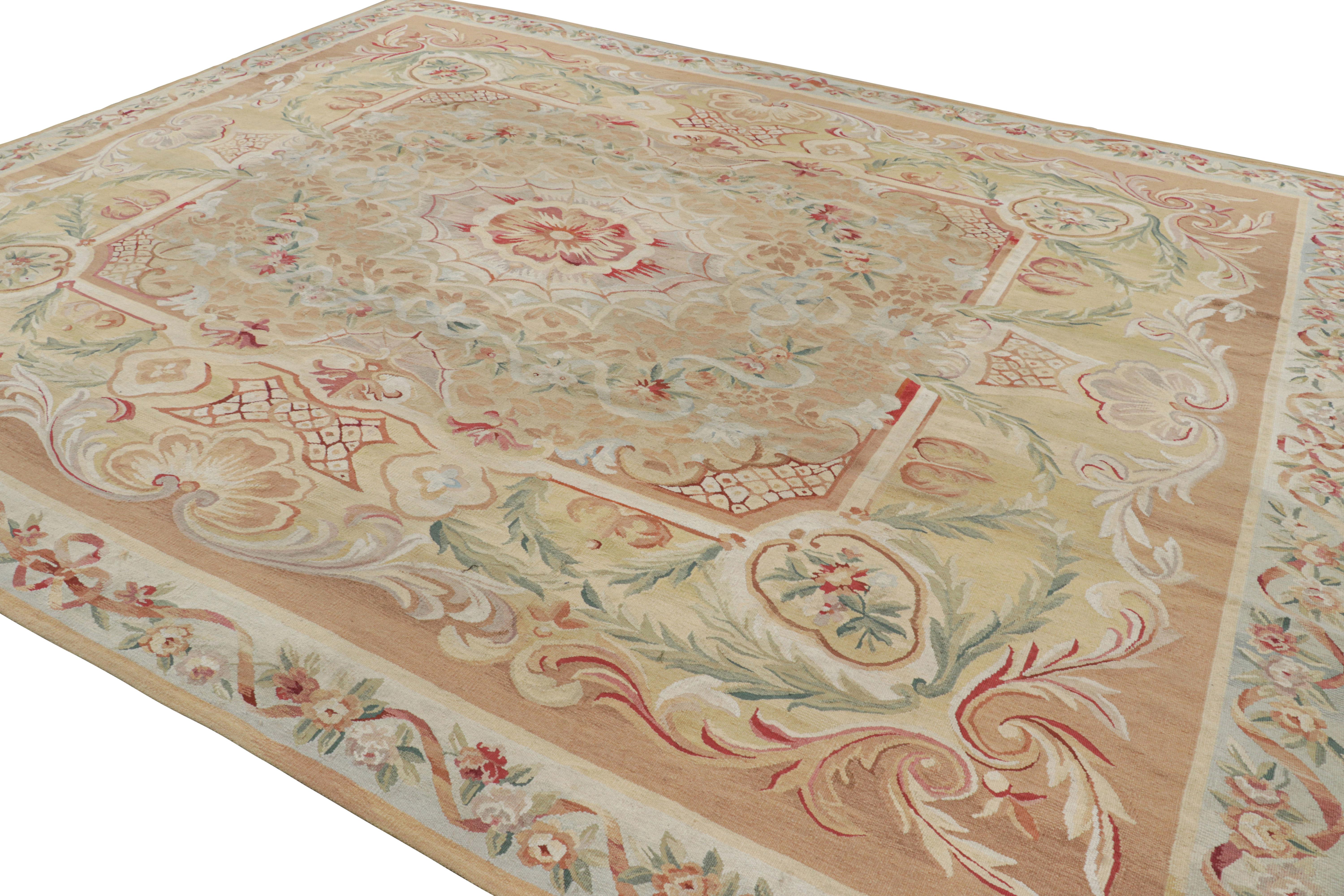 Hand-Woven Rug & Kilim’s Oversized Aubusson Style Rug in Beige-Brown with Floral Medallion For Sale