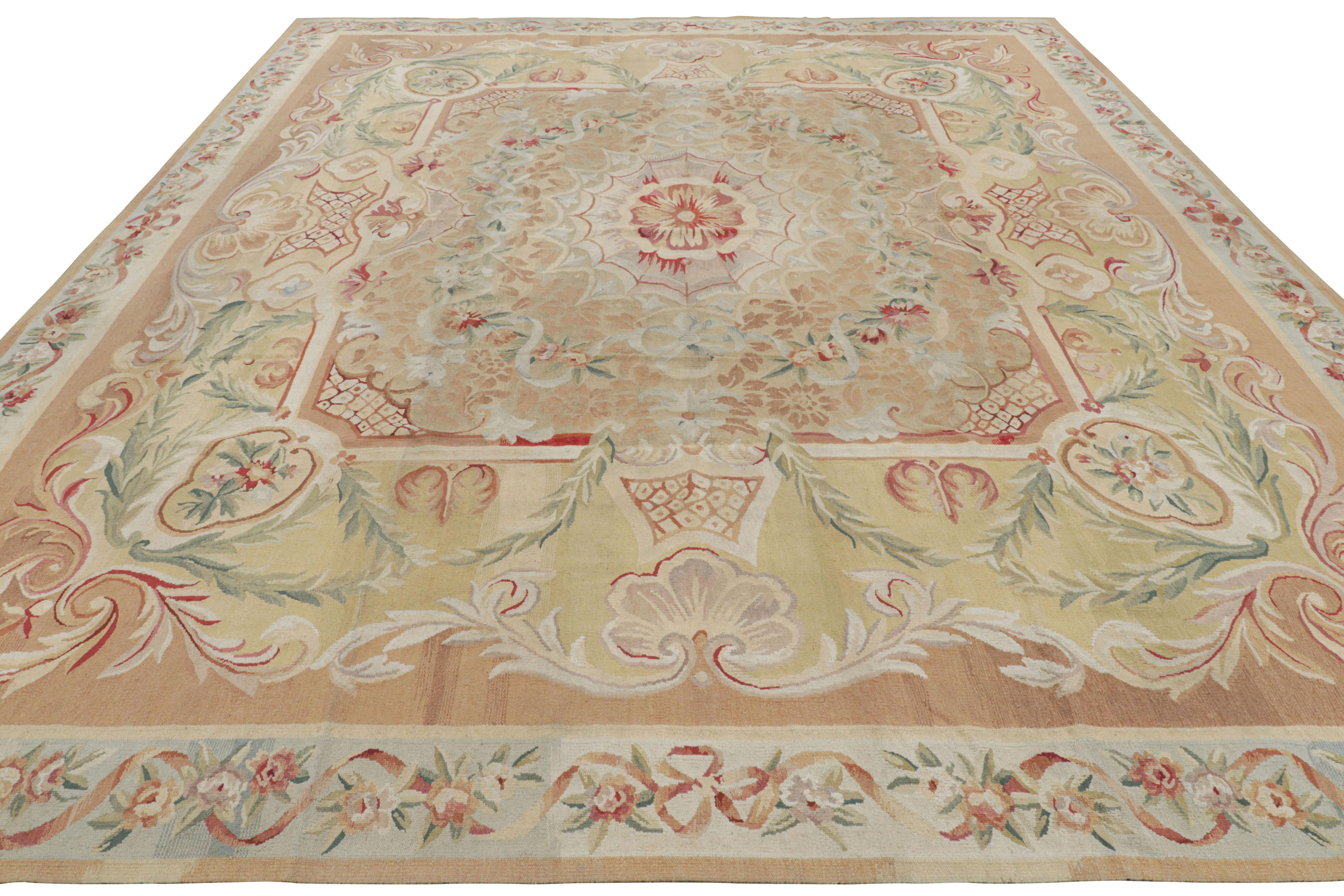 Rug & Kilim’s Oversized Aubusson Style Rug in Beige-Brown with Floral Medallion In New Condition For Sale In Long Island City, NY